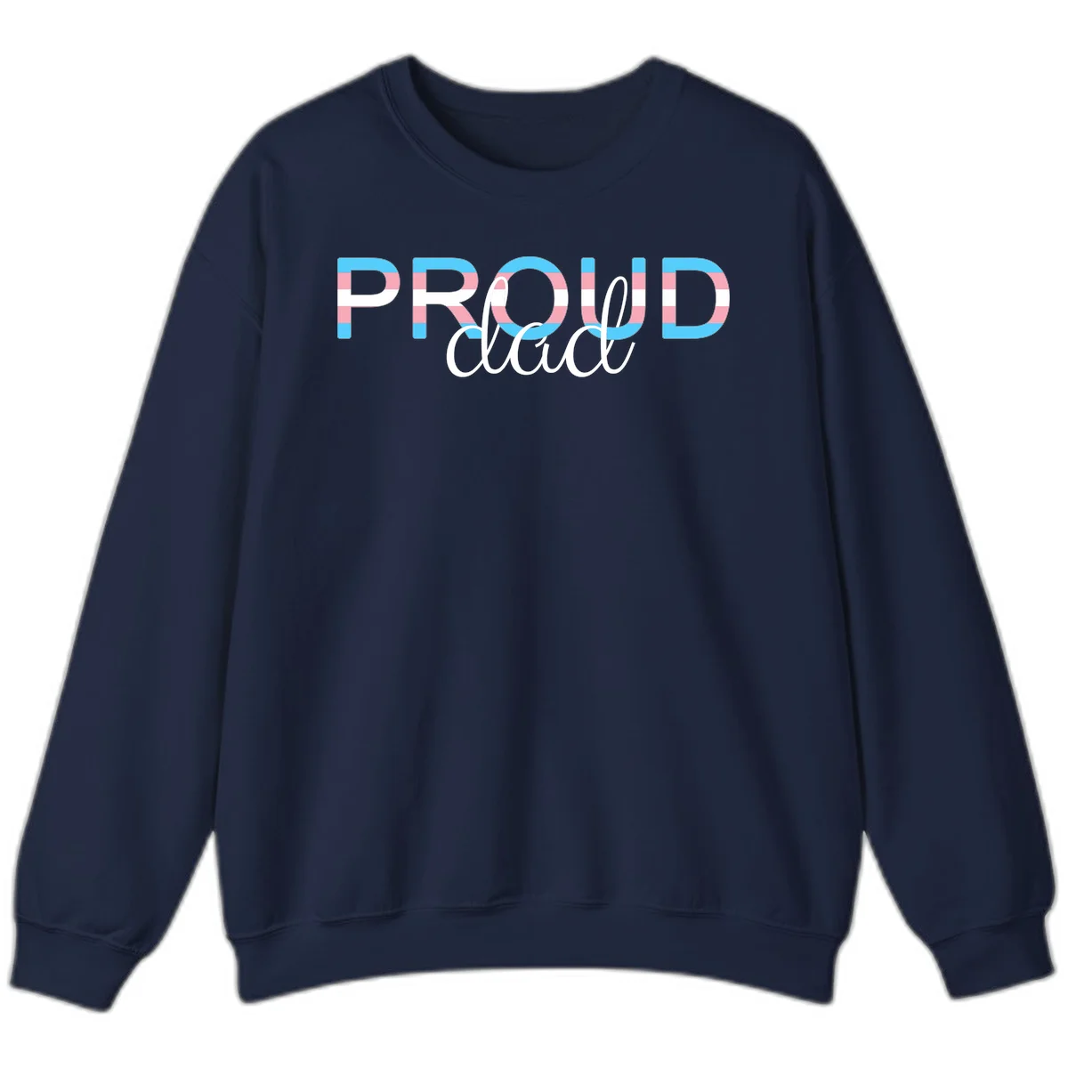 Proud and loud trans pride design with striped letters in cyan, pink, and white colors in Navy