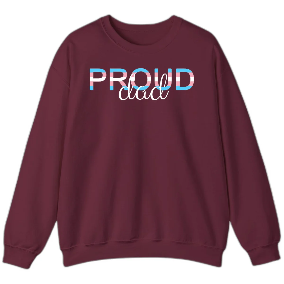 Proud and loud trans pride design with striped letters in cyan, pink, and white colors in Maroon