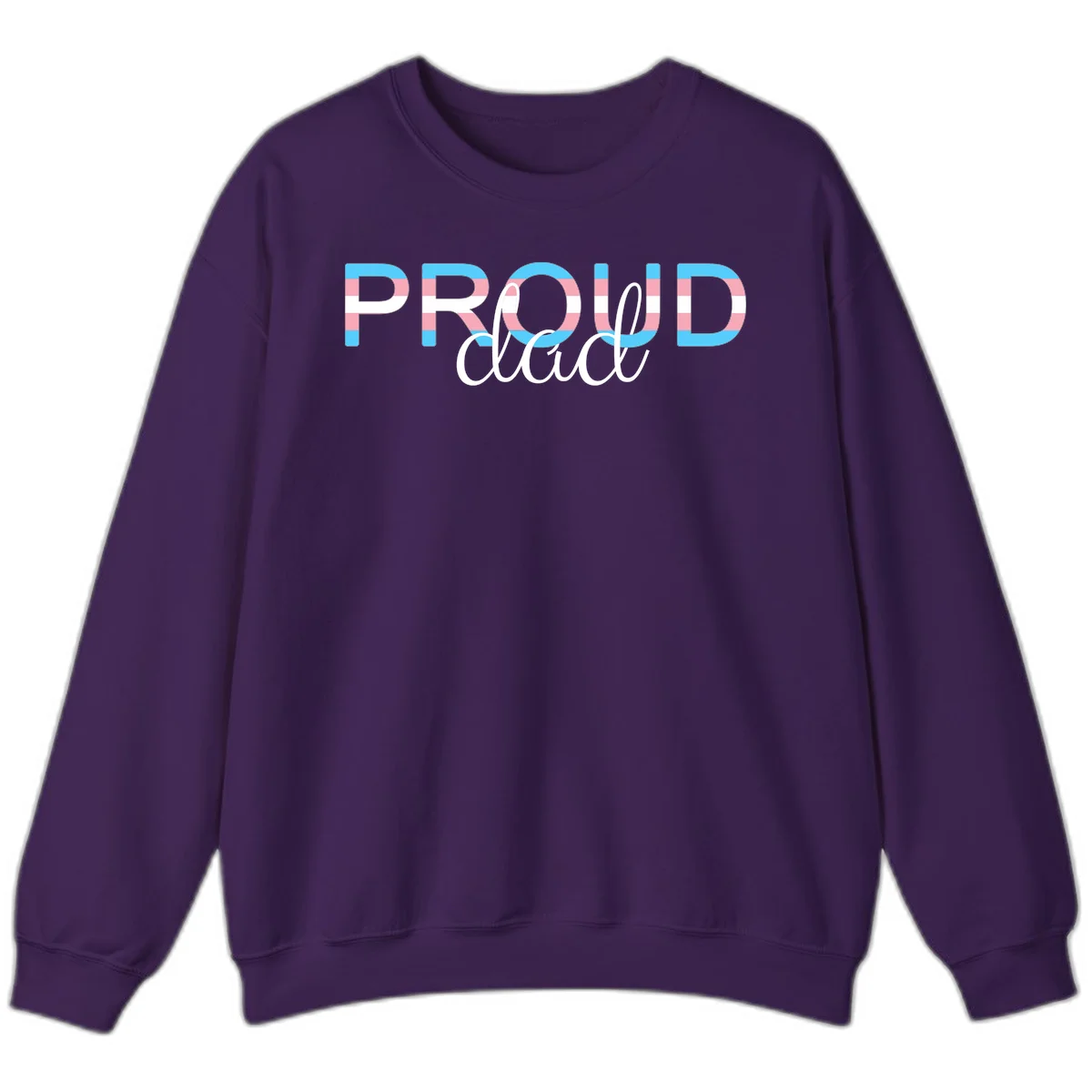 Proud and loud trans pride design with striped letters in cyan, pink, and white colors in Purple