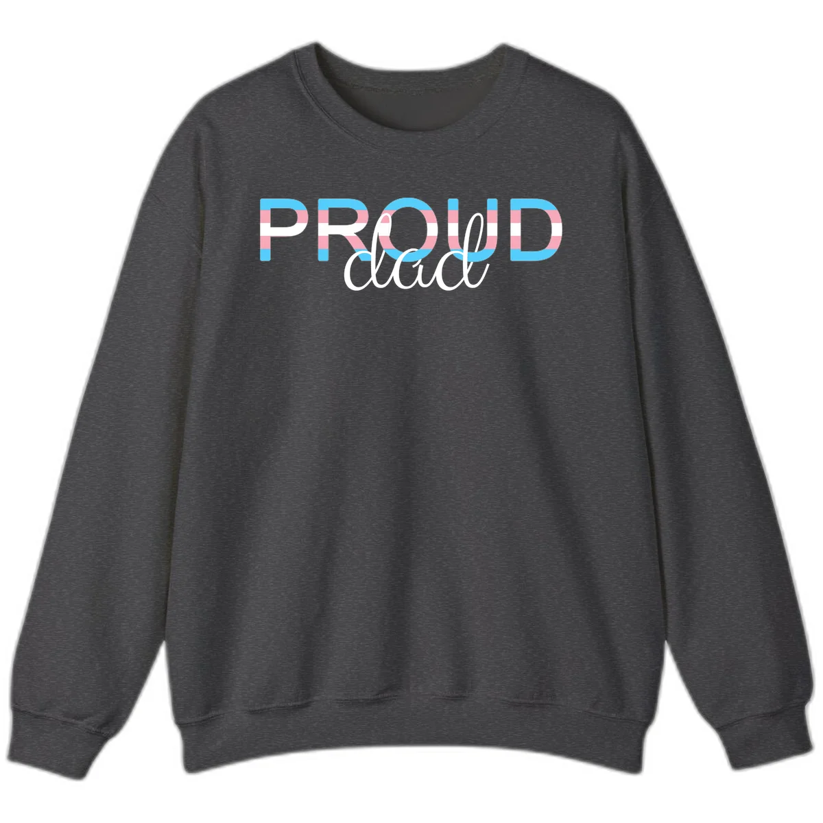 Proud and loud trans pride design with striped letters in cyan, pink, and white colors in Dark Heather