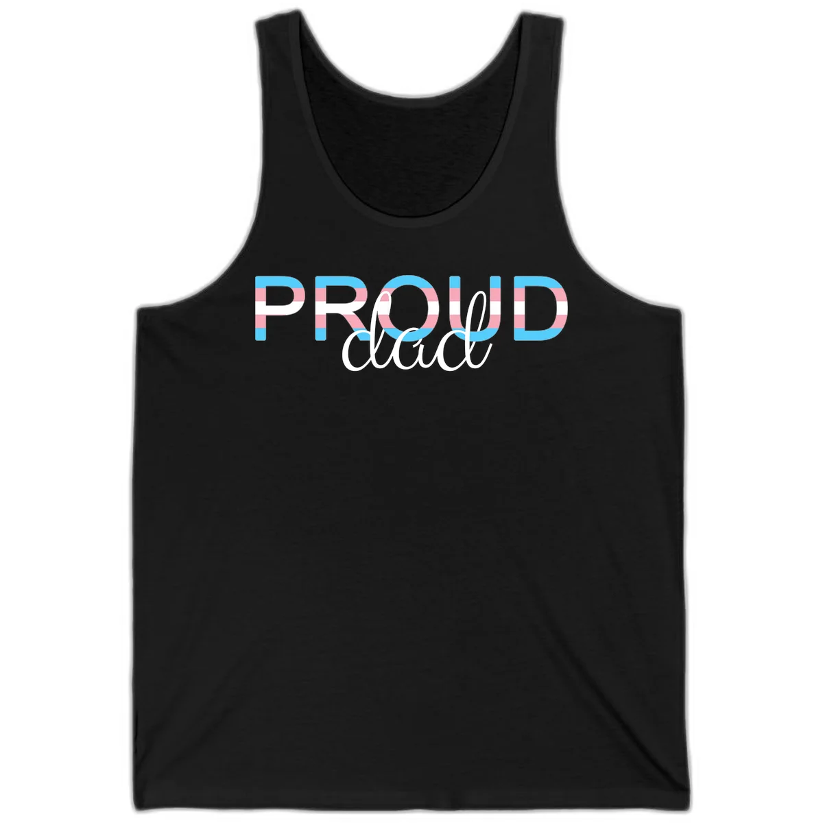 Proud and loud trans pride design with striped letters in cyan, pink, and white colors in Black