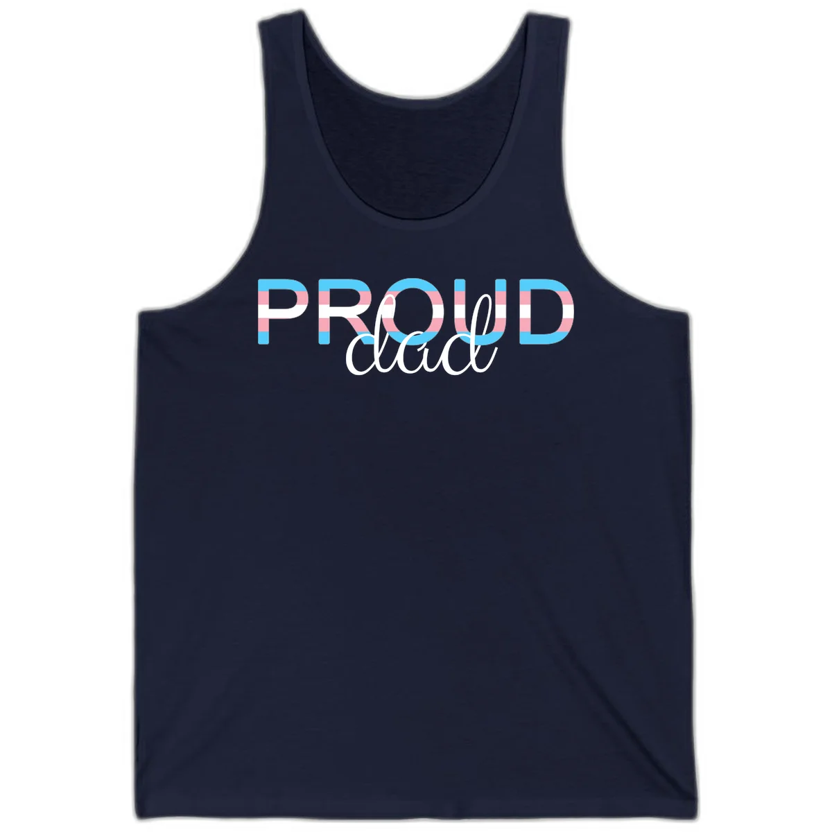 Proud and loud trans pride design with striped letters in cyan, pink, and white colors in Navy