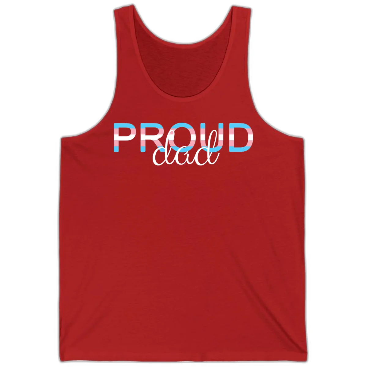 Proud and loud trans pride design with striped letters in cyan, pink, and white colors in Red