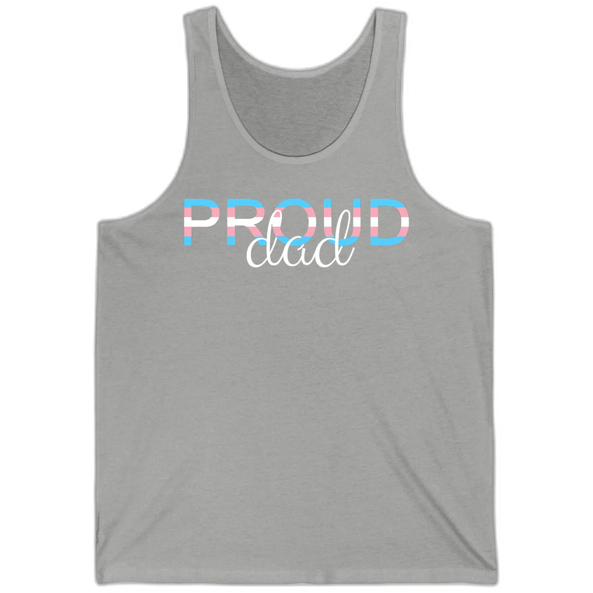 Proud and loud trans pride design with striped letters in cyan, pink, and white colors in Athletic Heather
