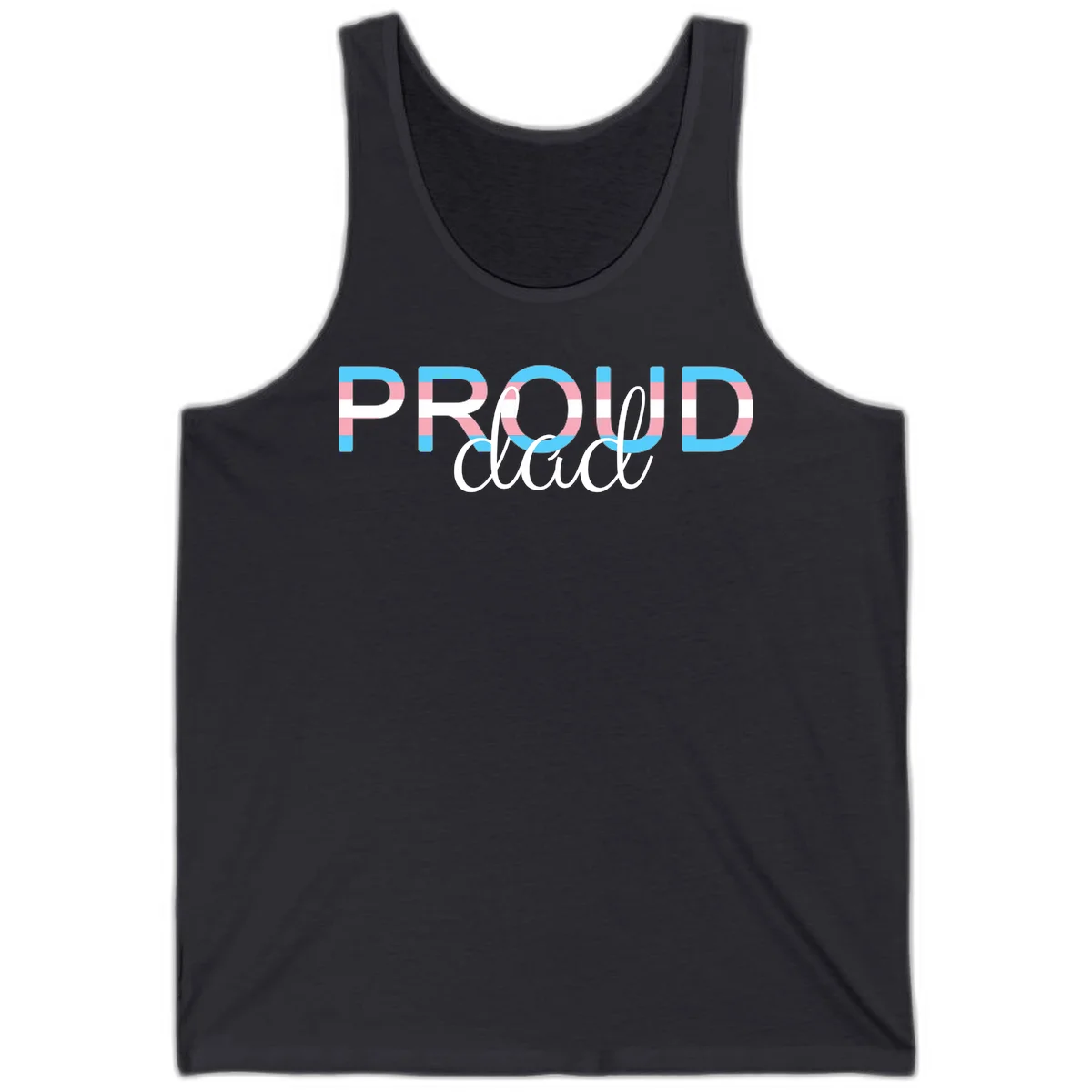Proud and loud trans pride design with striped letters in cyan, pink, and white colors in Dark Grey