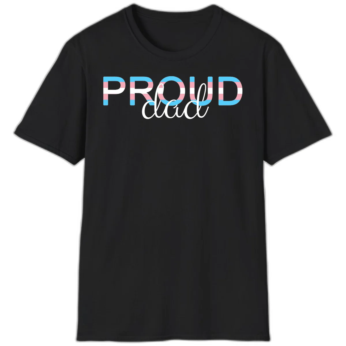 Proud and loud trans pride design with striped letters in cyan, pink, and white colors in Black