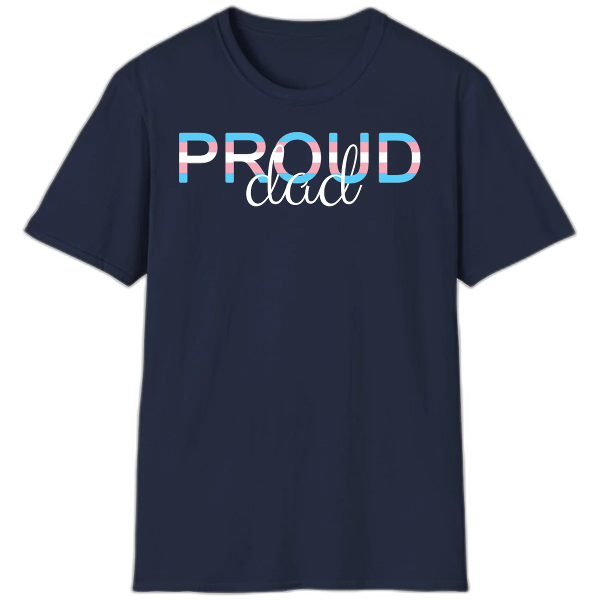 Proud and loud trans pride design with striped letters in cyan, pink, and white colors in Navy