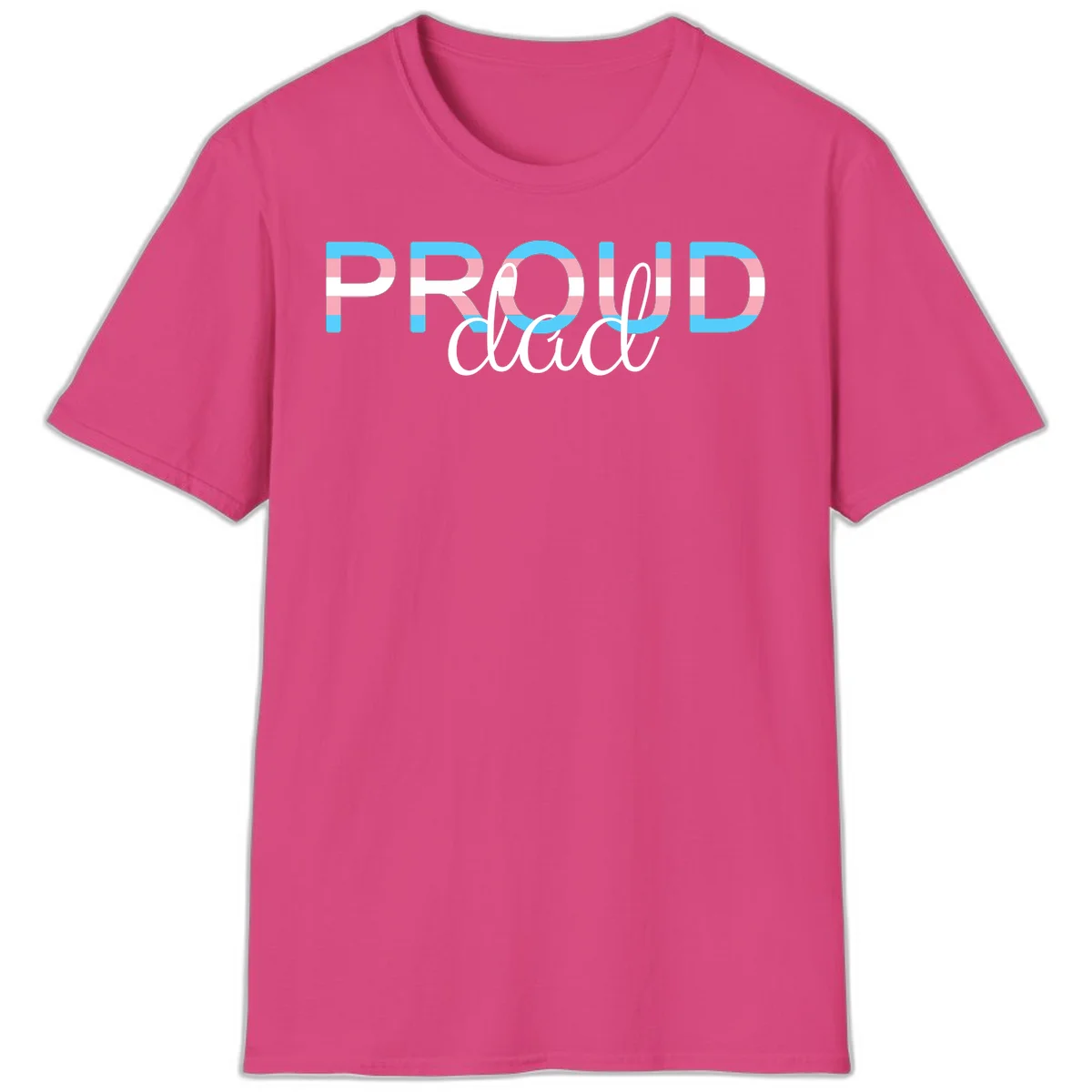 Proud and loud trans pride design with striped letters in cyan, pink, and white colors in Heliconia