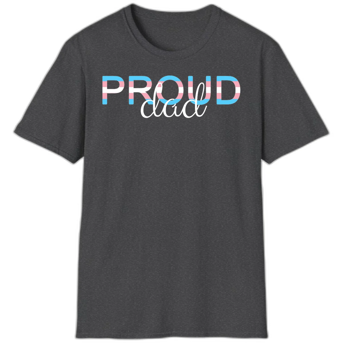 Proud and loud trans pride design with striped letters in cyan, pink, and white colors in Dark Heather