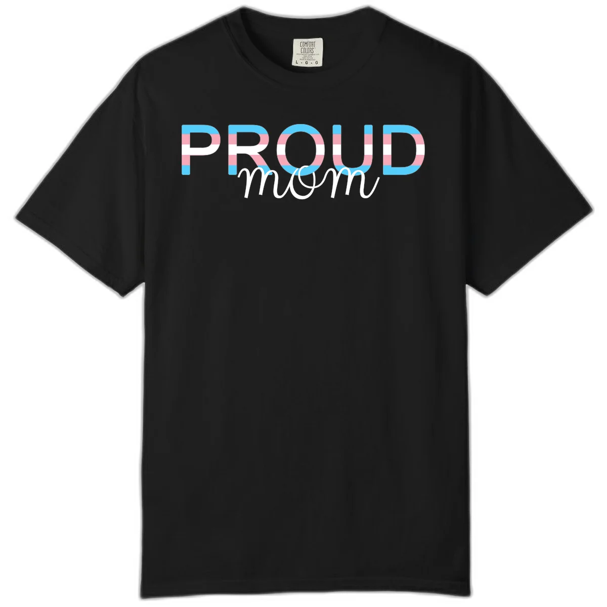 Proud mom pride design with bold striped rainbow letters in cyan, pink, and white on gray background in Black