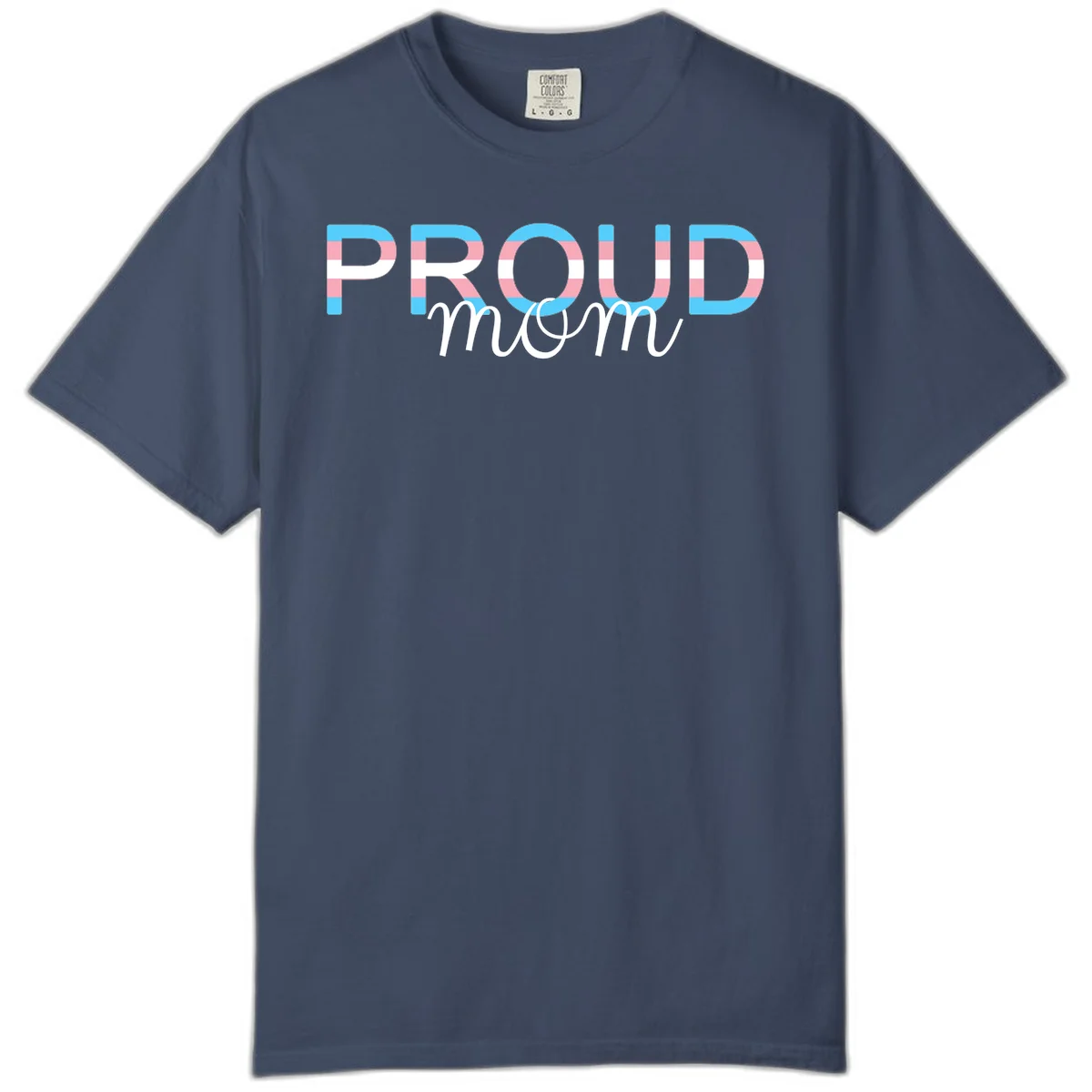 Proud mom pride design with bold striped rainbow letters in cyan, pink, and white on gray background in Midnight