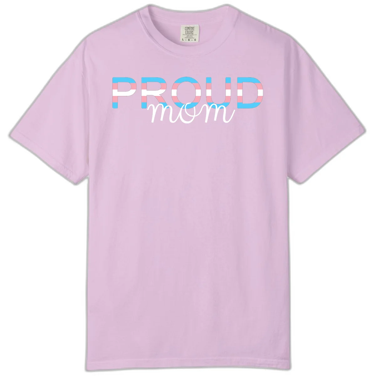 Proud mom pride design with bold striped rainbow letters in cyan, pink, and white on gray background in Orchid