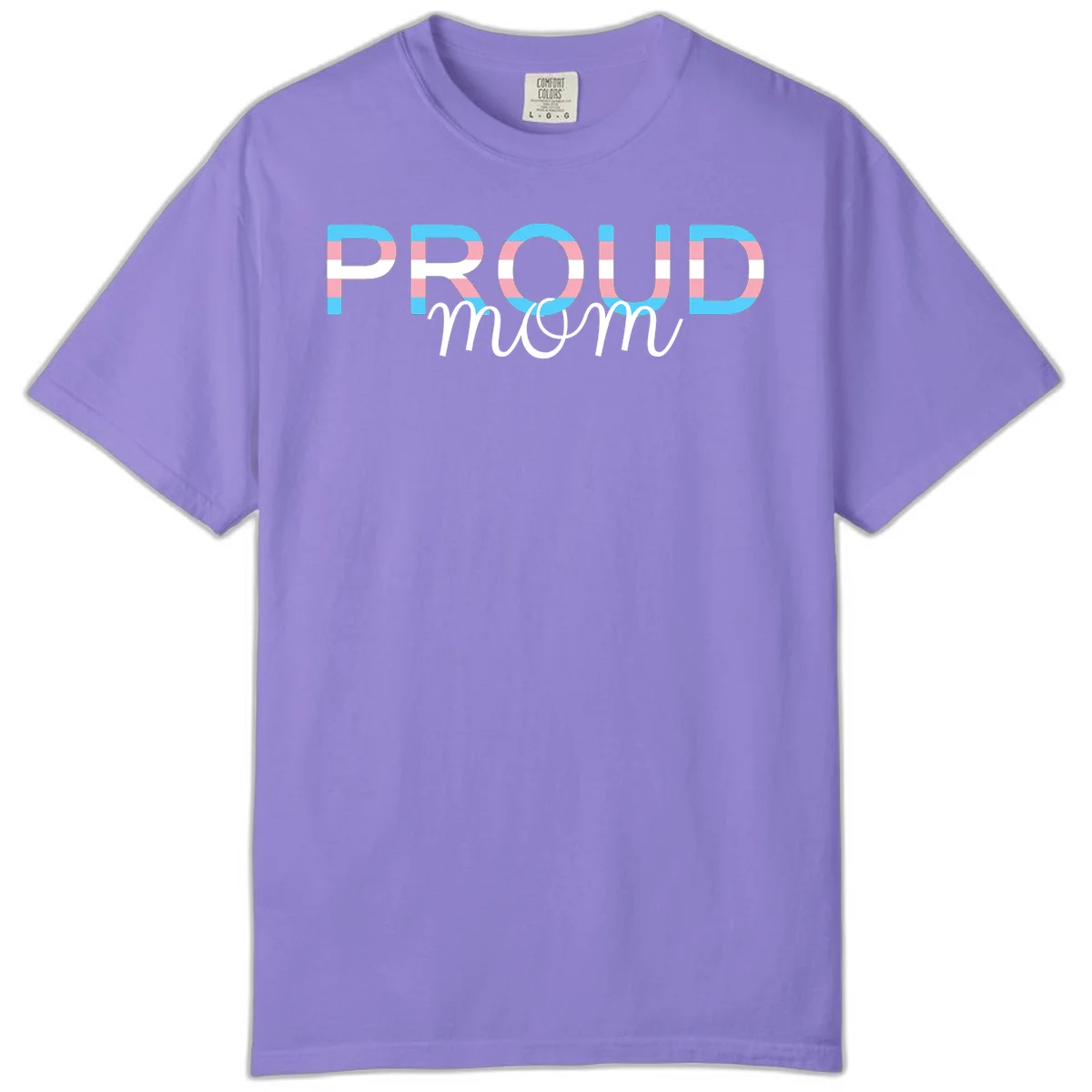 Proud mom pride design with bold striped rainbow letters in cyan, pink, and white on gray background in Violet