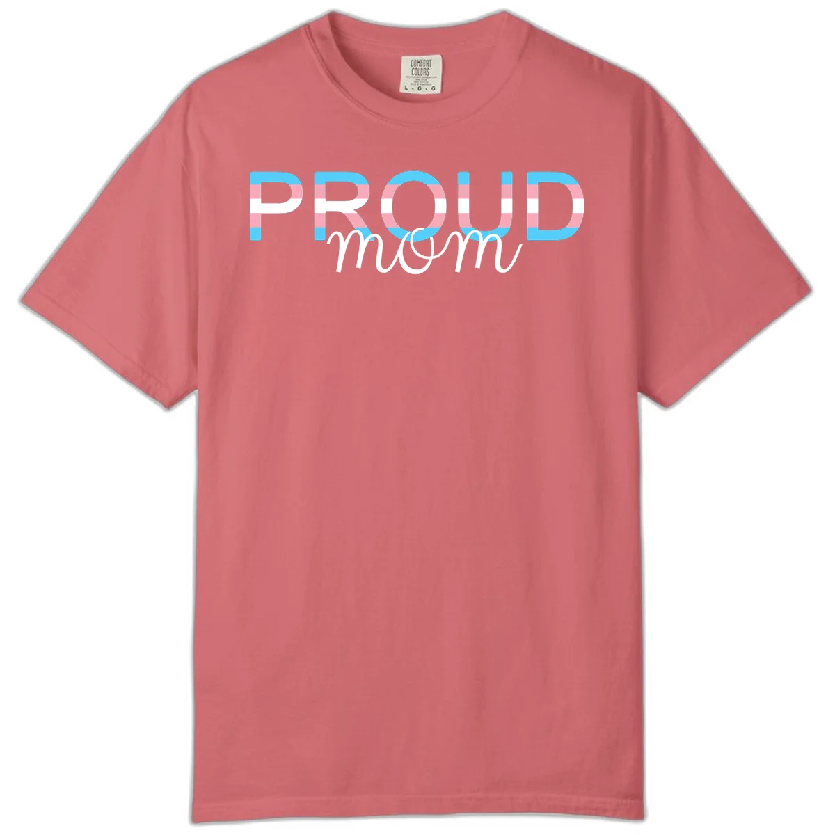 Proud mom pride design with bold striped rainbow letters in cyan, pink, and white on gray background in Watermelon