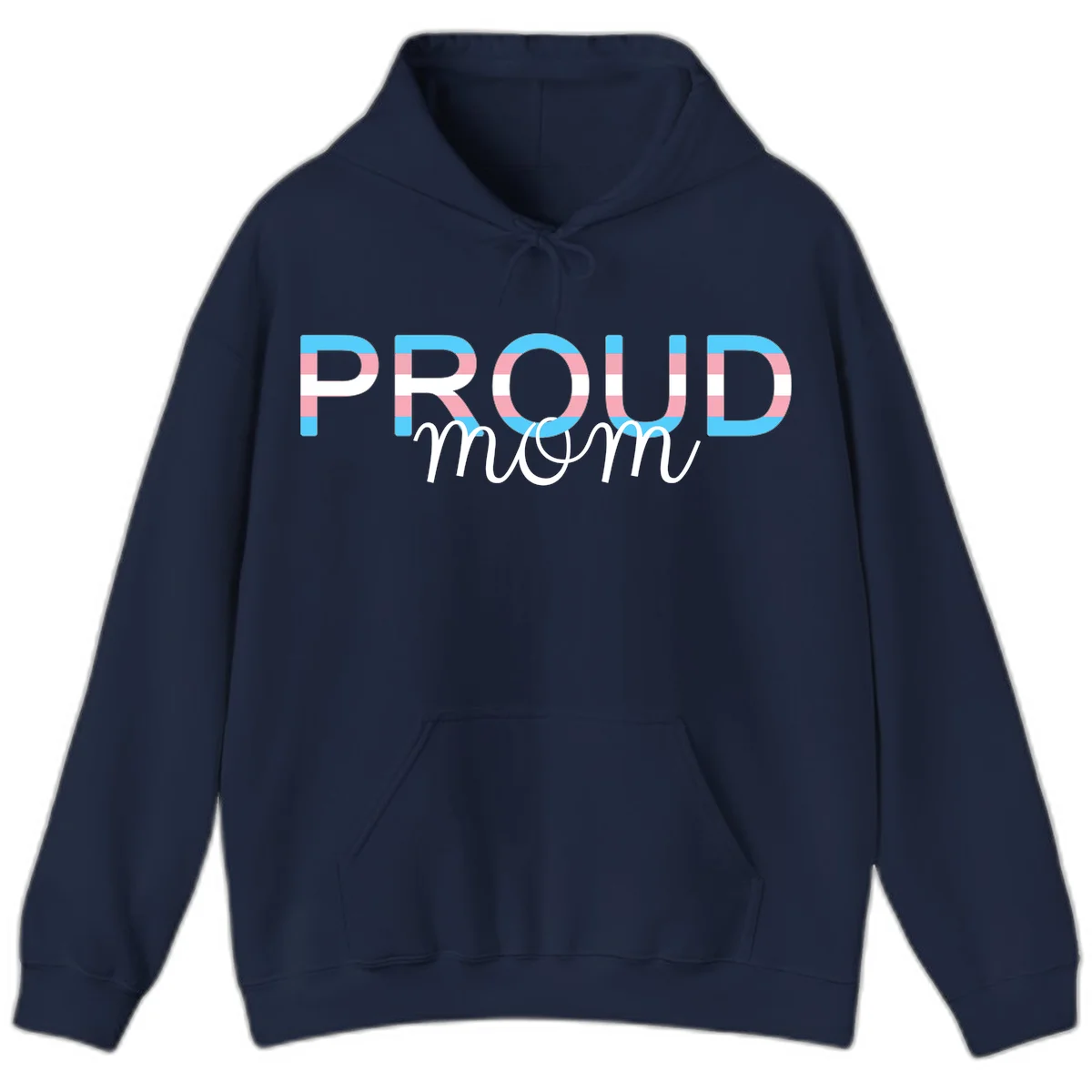 Proud mom pride design with bold striped rainbow letters in cyan, pink, and white on gray background in Navy