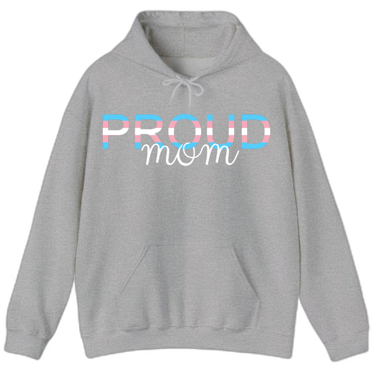 Proud mom pride design with bold striped rainbow letters in cyan, pink, and white on gray background in Sport Grey