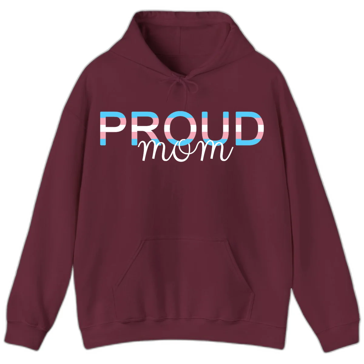 Proud mom pride design with bold striped rainbow letters in cyan, pink, and white on gray background in Maroon