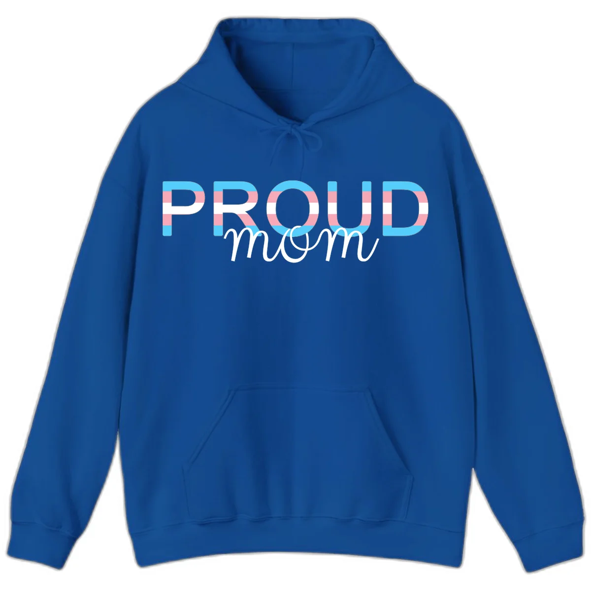 Proud mom pride design with bold striped rainbow letters in cyan, pink, and white on gray background in Royal
