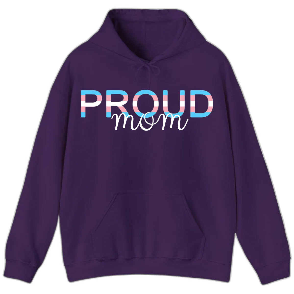 Proud mom pride design with bold striped rainbow letters in cyan, pink, and white on gray background in Purple