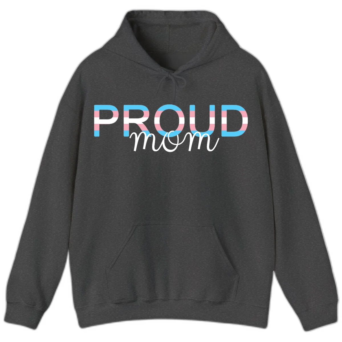 Proud mom pride design with bold striped rainbow letters in cyan, pink, and white on gray background in Dark Heather