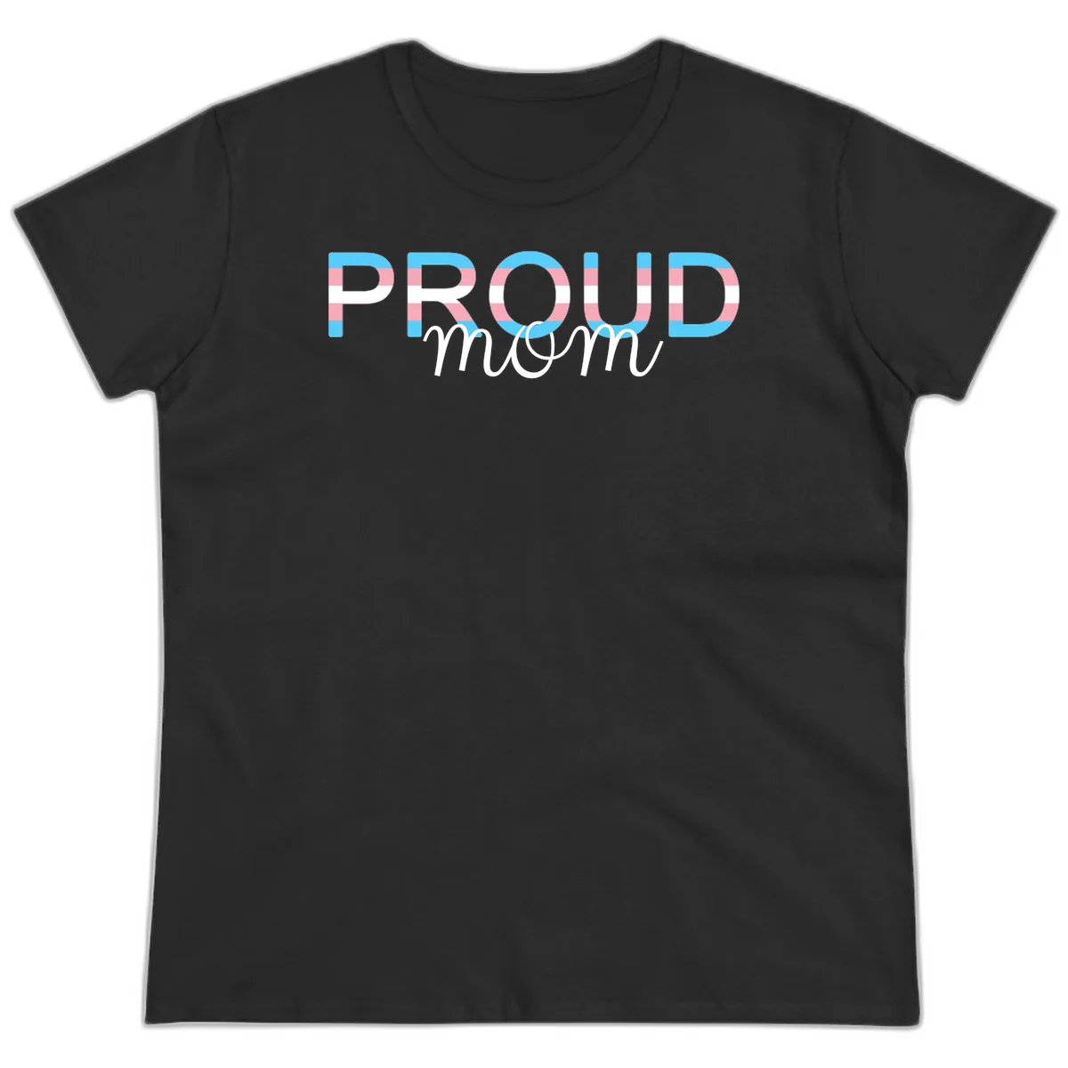 Proud mom pride design with bold striped rainbow letters in cyan, pink, and white on gray background in Black