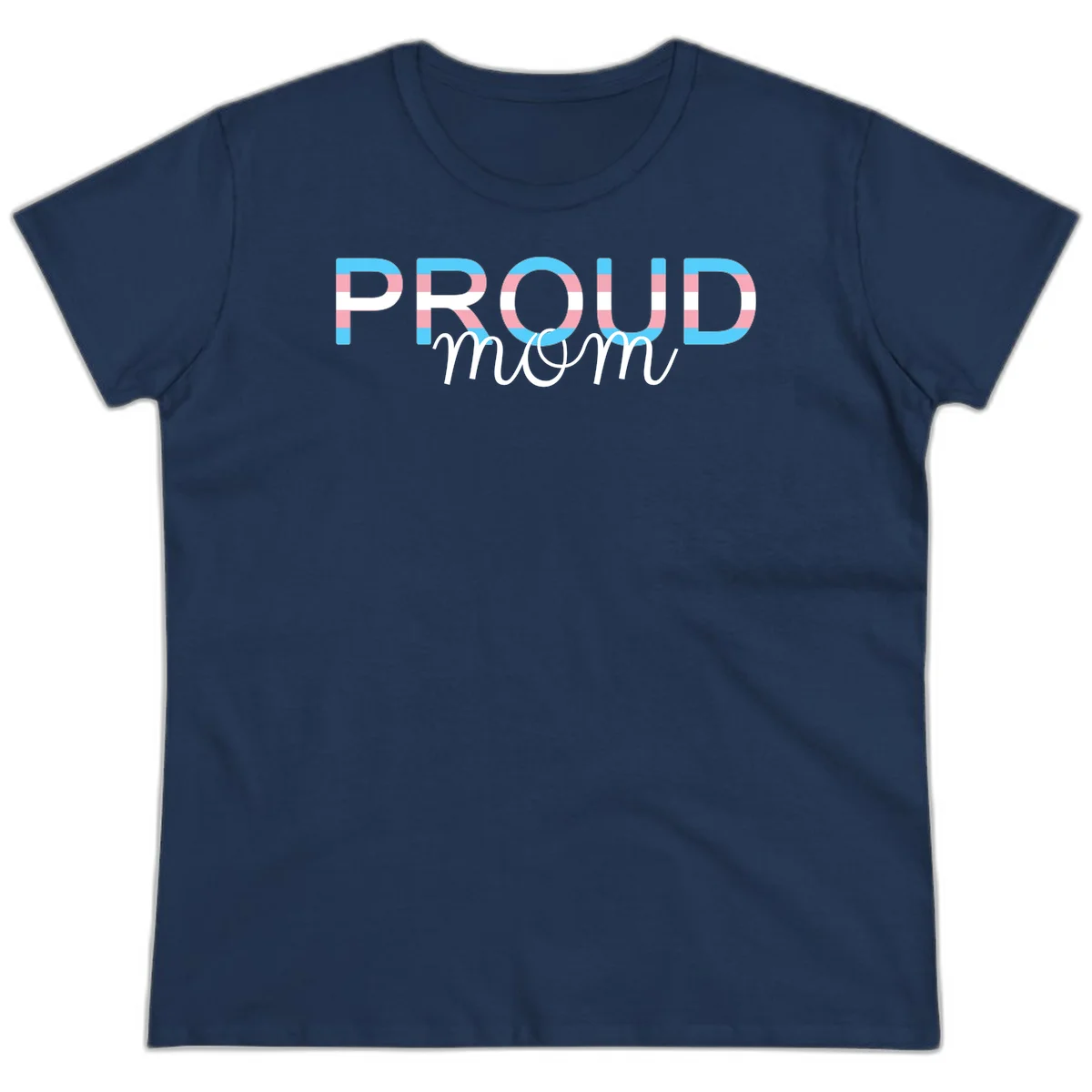 Proud mom pride design with bold striped rainbow letters in cyan, pink, and white on gray background in Navy