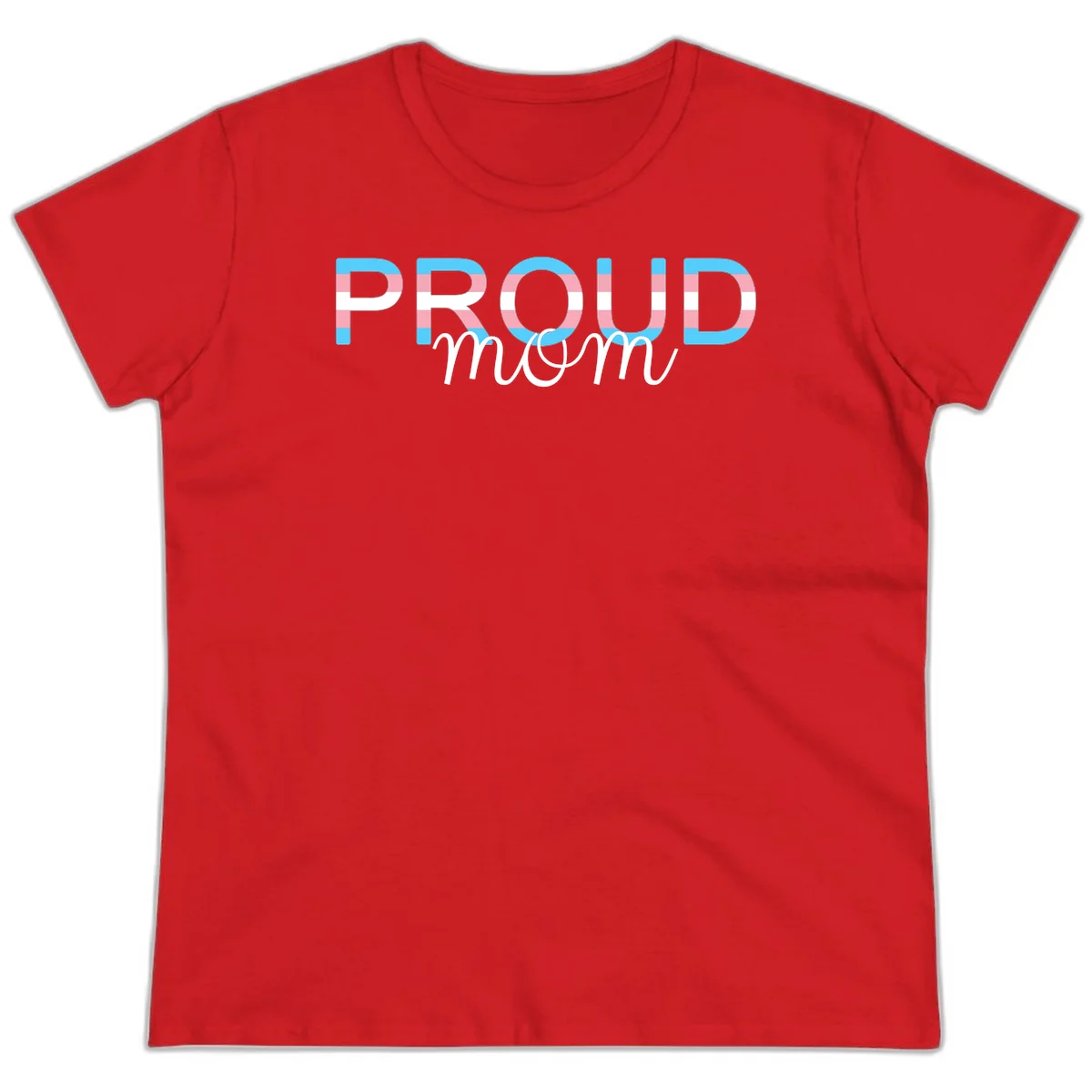 Proud mom pride design with bold striped rainbow letters in cyan, pink, and white on gray background in Red