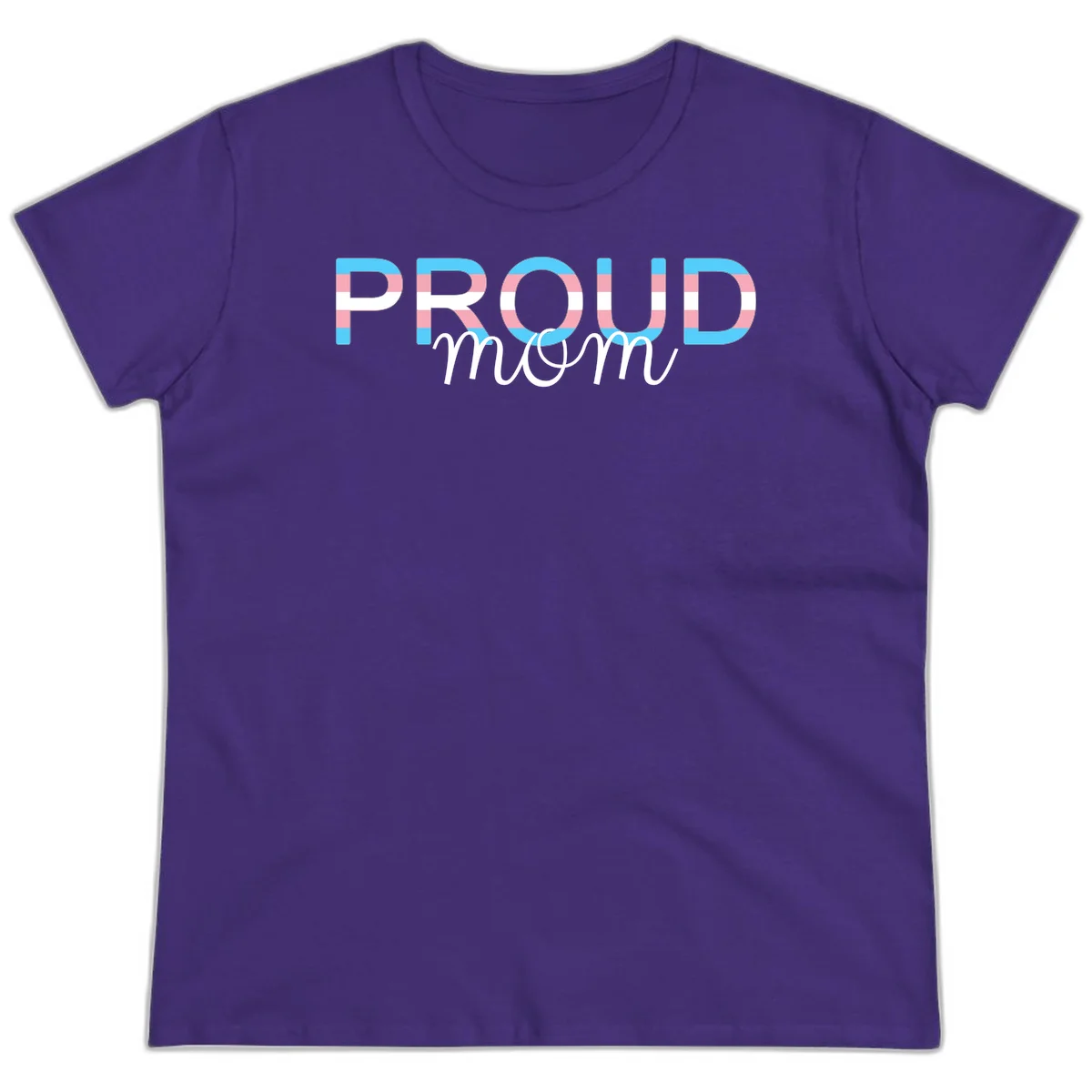 Proud mom pride design with bold striped rainbow letters in cyan, pink, and white on gray background in Purple