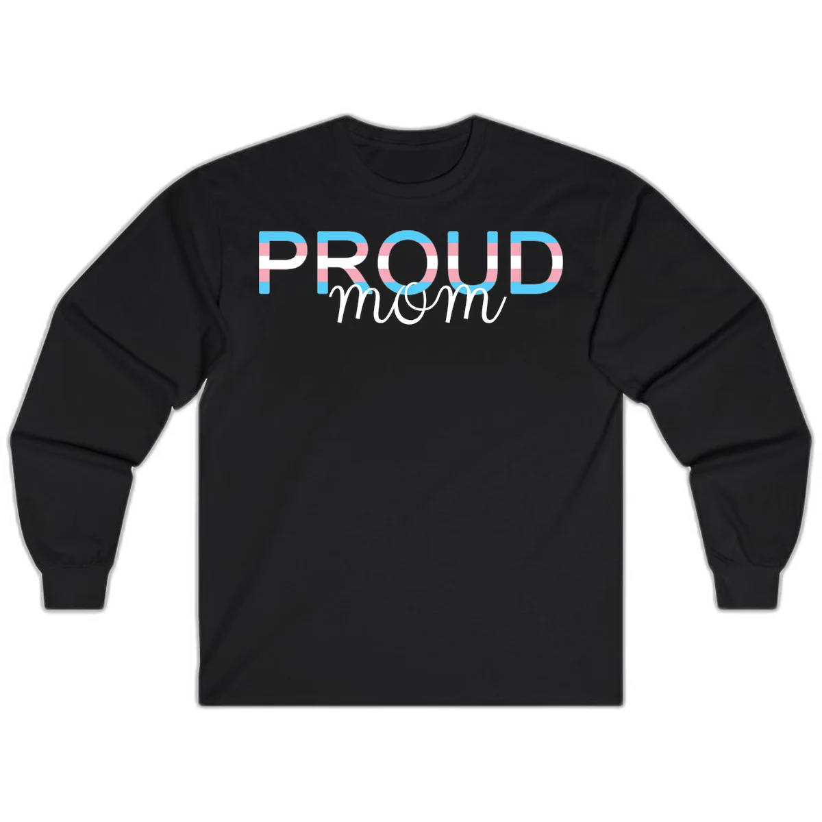 Proud mom pride design with bold striped rainbow letters in cyan, pink, and white on gray background in Black