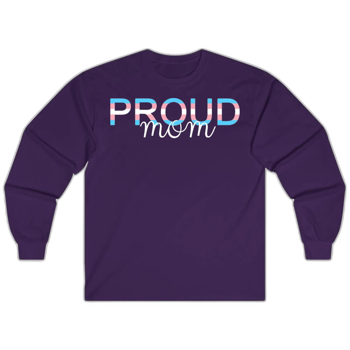 Proud mom pride design with bold striped rainbow letters in cyan, pink, and white on gray background in Purple