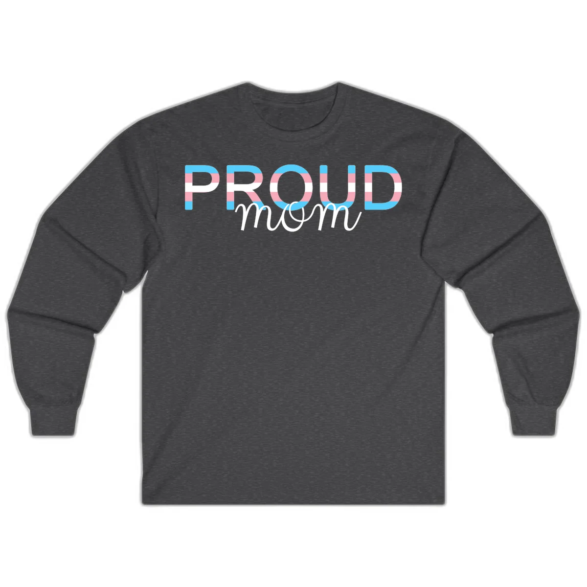 Proud mom pride design with bold striped rainbow letters in cyan, pink, and white on gray background in Dark Heather