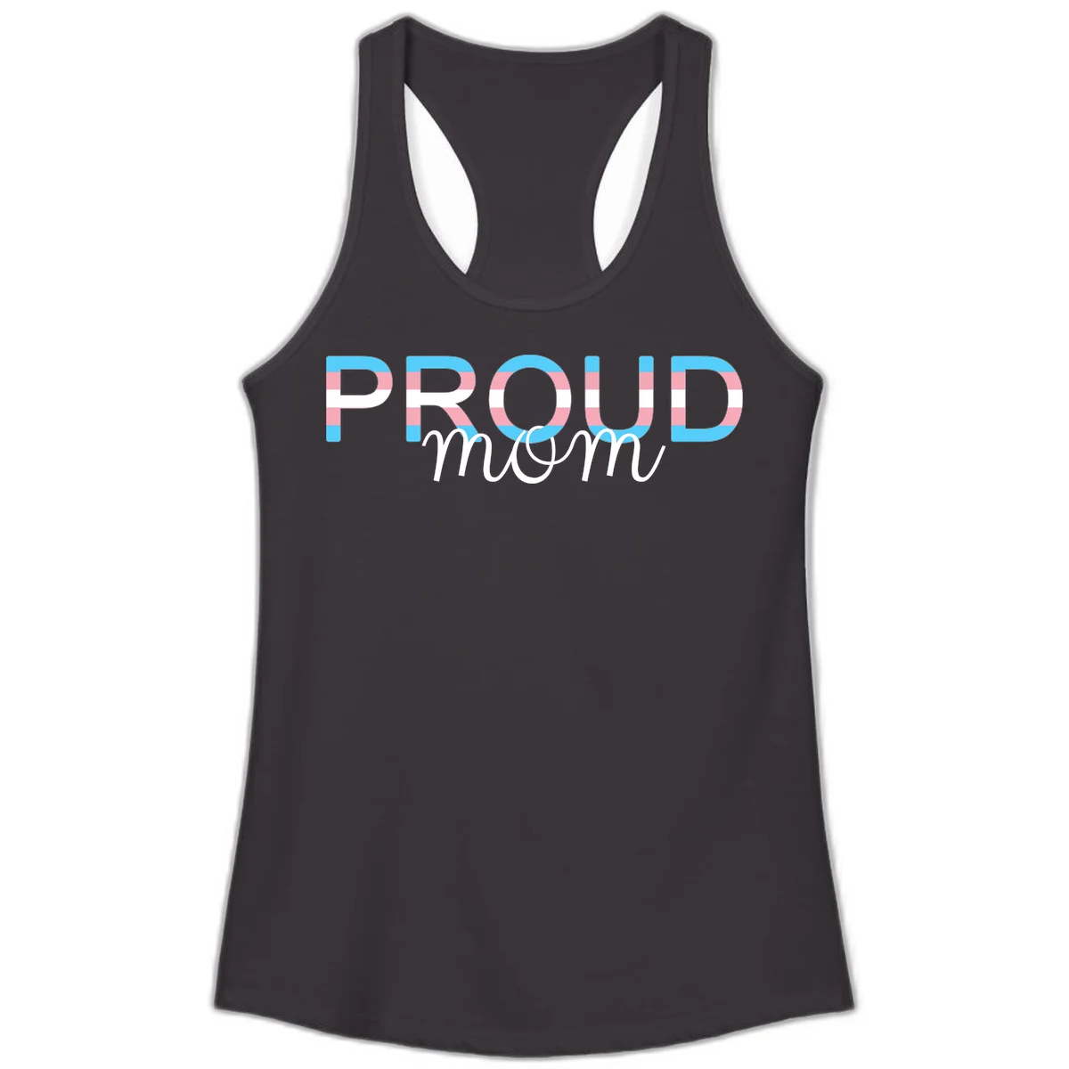 Proud mom pride design with bold striped rainbow letters in cyan, pink, and white on gray background in Black