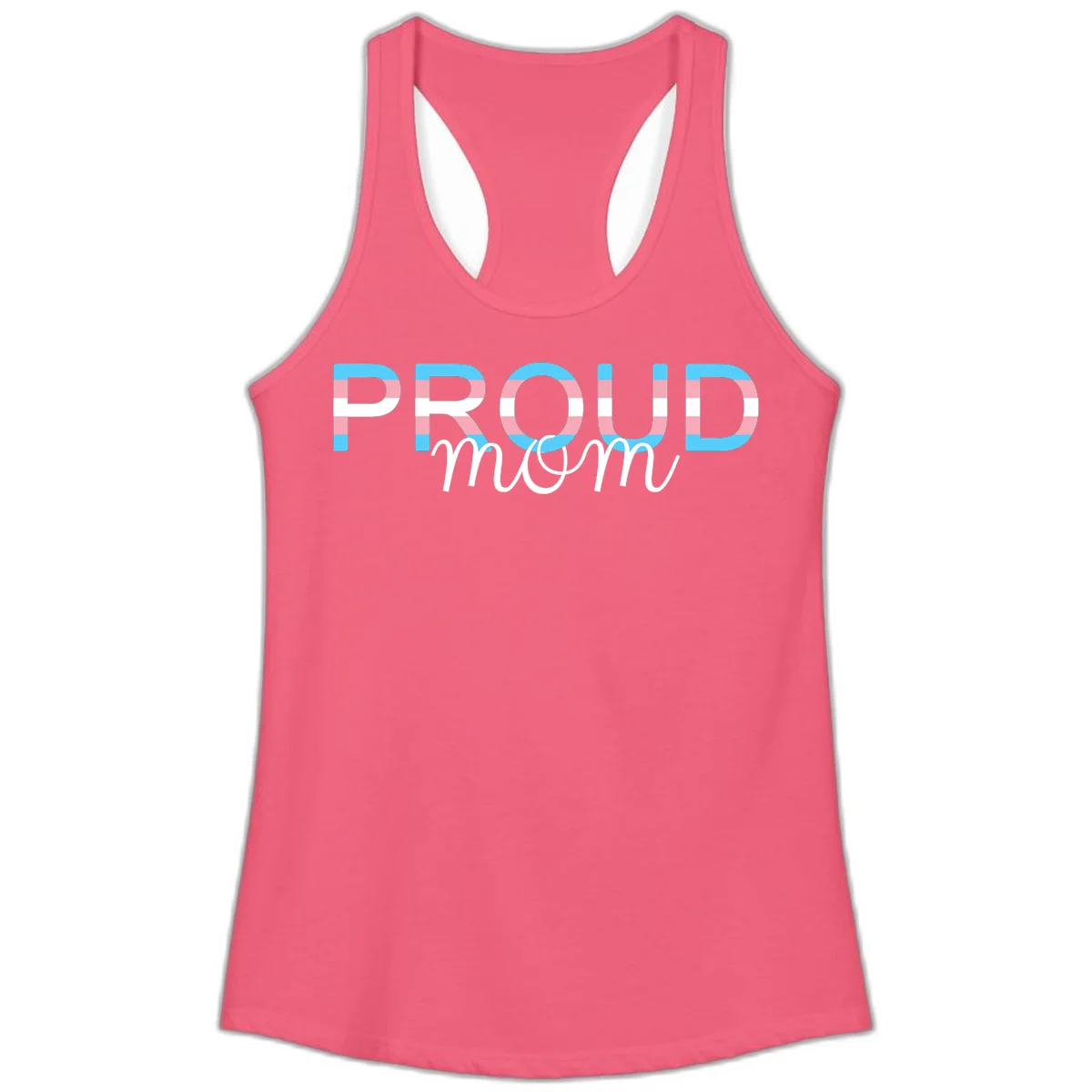 Proud mom pride design with bold striped rainbow letters in cyan, pink, and white on gray background in Hot Pink