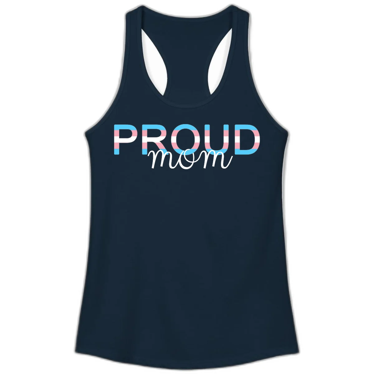 Proud mom pride design with bold striped rainbow letters in cyan, pink, and white on gray background in Solid Midnight Navy