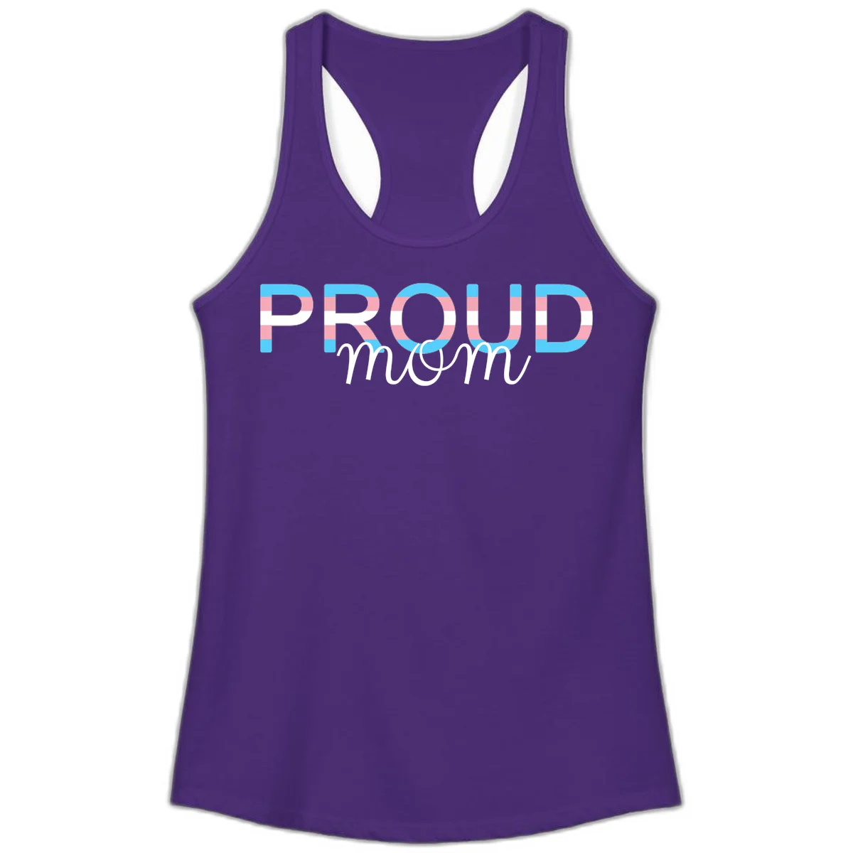 Proud mom pride design with bold striped rainbow letters in cyan, pink, and white on gray background in Solid Purple Rush