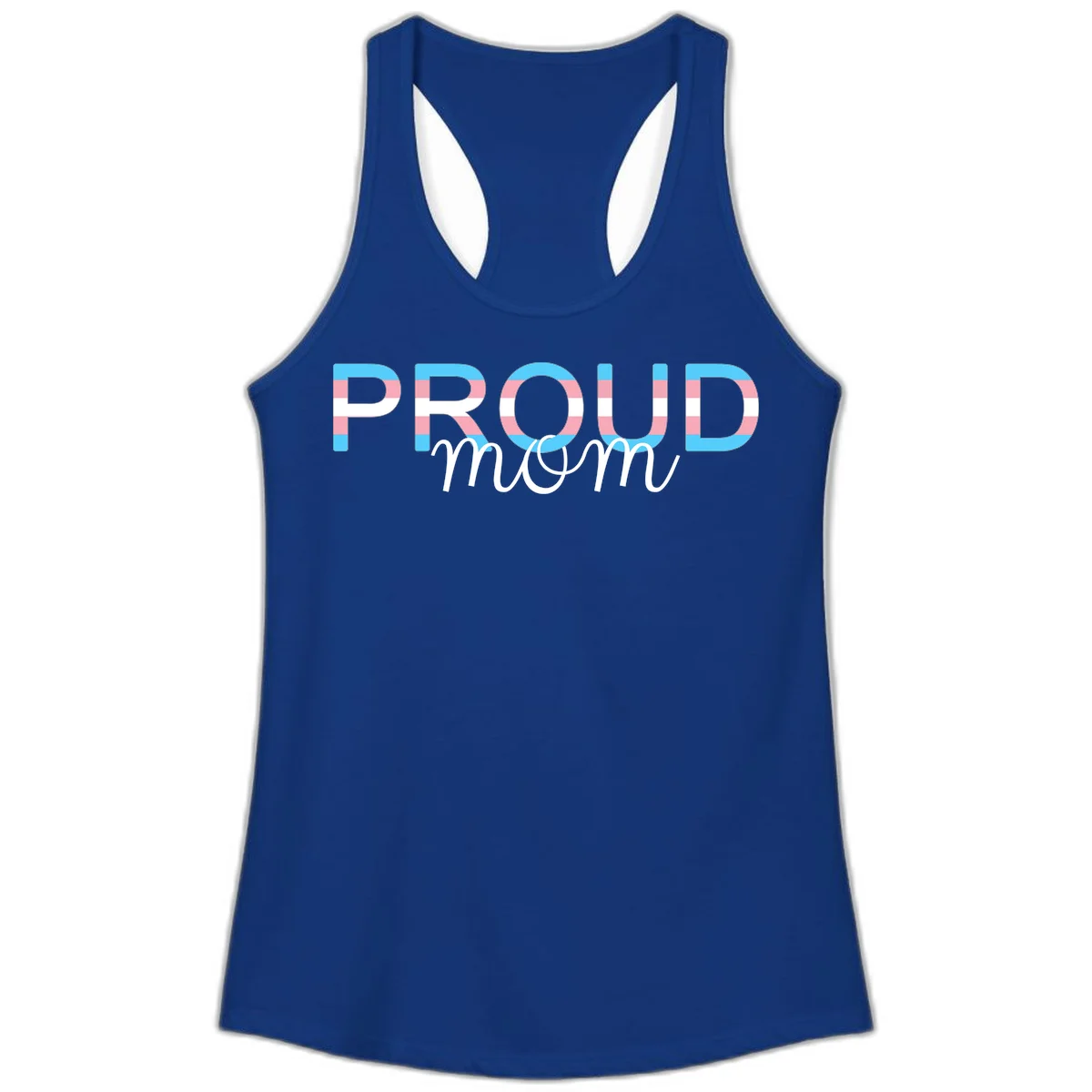 Proud mom pride design with bold striped rainbow letters in cyan, pink, and white on gray background in Solid Royal