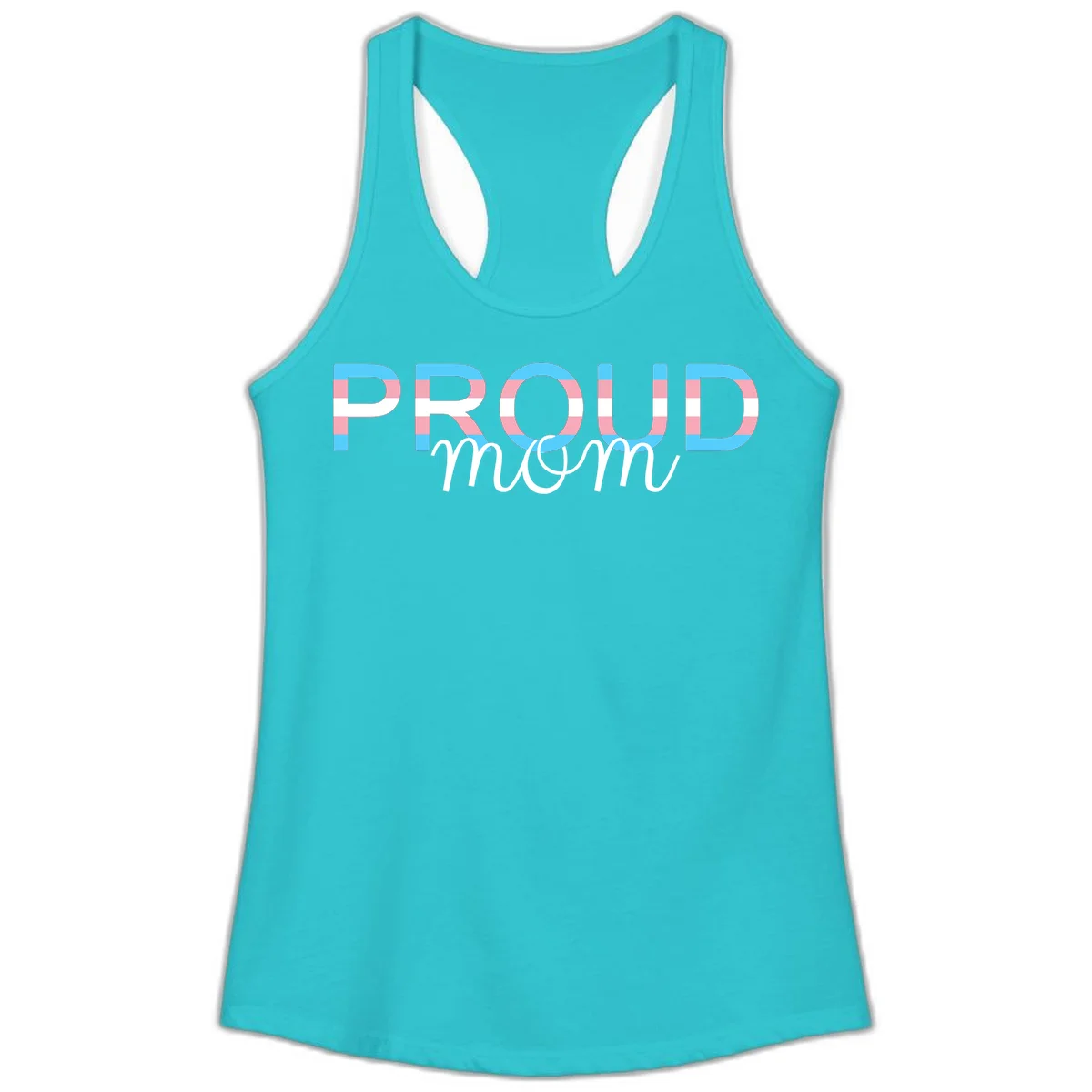 Proud mom pride design with bold striped rainbow letters in cyan, pink, and white on gray background in Solid Tahiti Blue