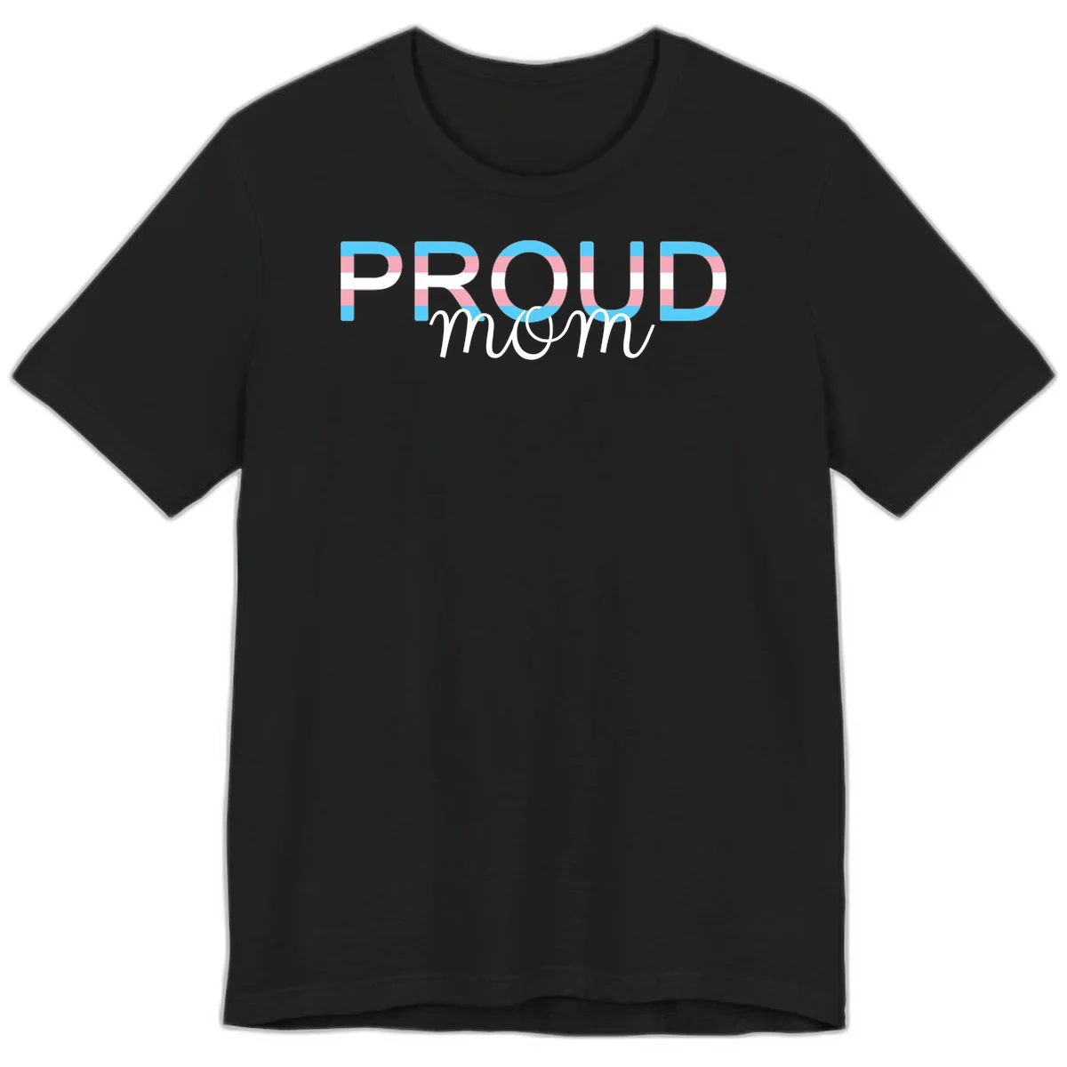 Proud mom pride design with bold striped rainbow letters in cyan, pink, and white on gray background in Black