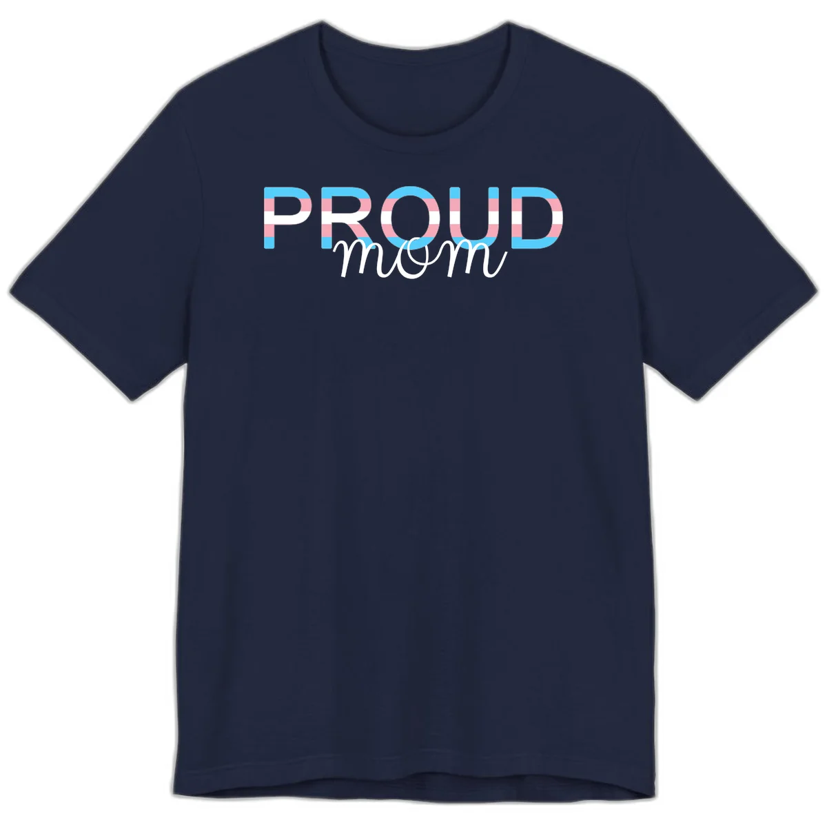 Proud mom pride design with bold striped rainbow letters in cyan, pink, and white on gray background in Navy