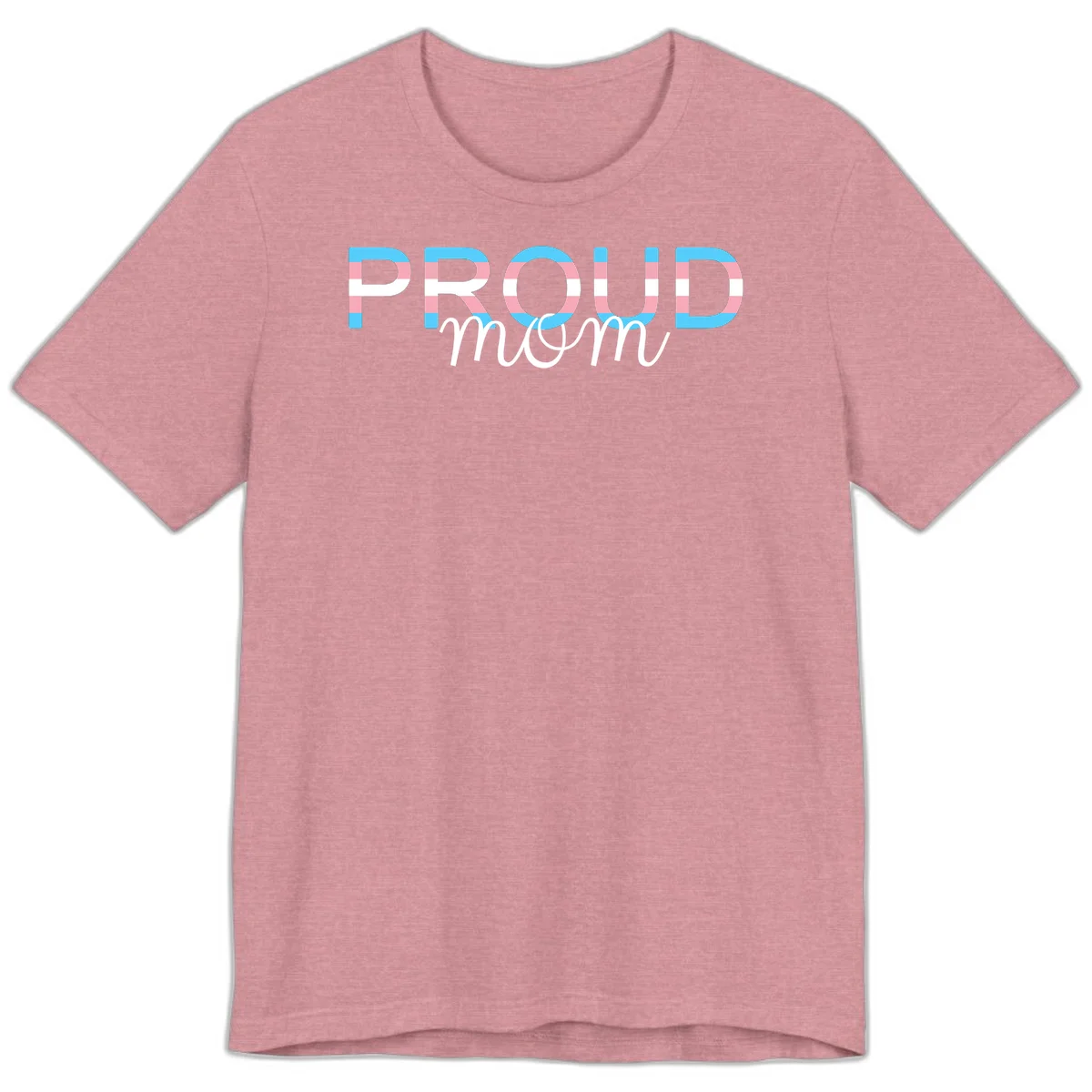 Proud mom pride design with bold striped rainbow letters in cyan, pink, and white on gray background in Heather Orchid