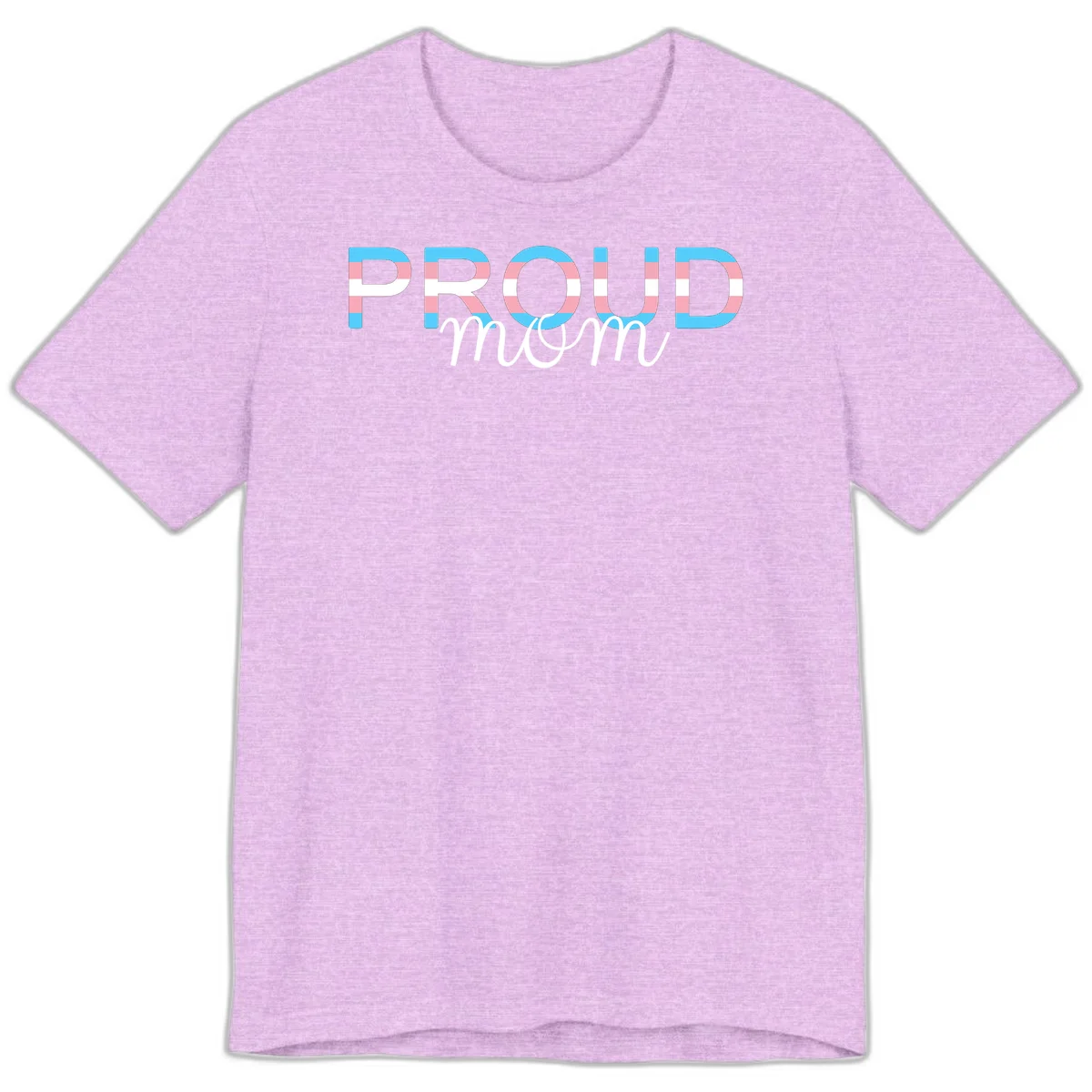 Proud mom pride design with bold striped rainbow letters in cyan, pink, and white on gray background in Heather Prism Lilac