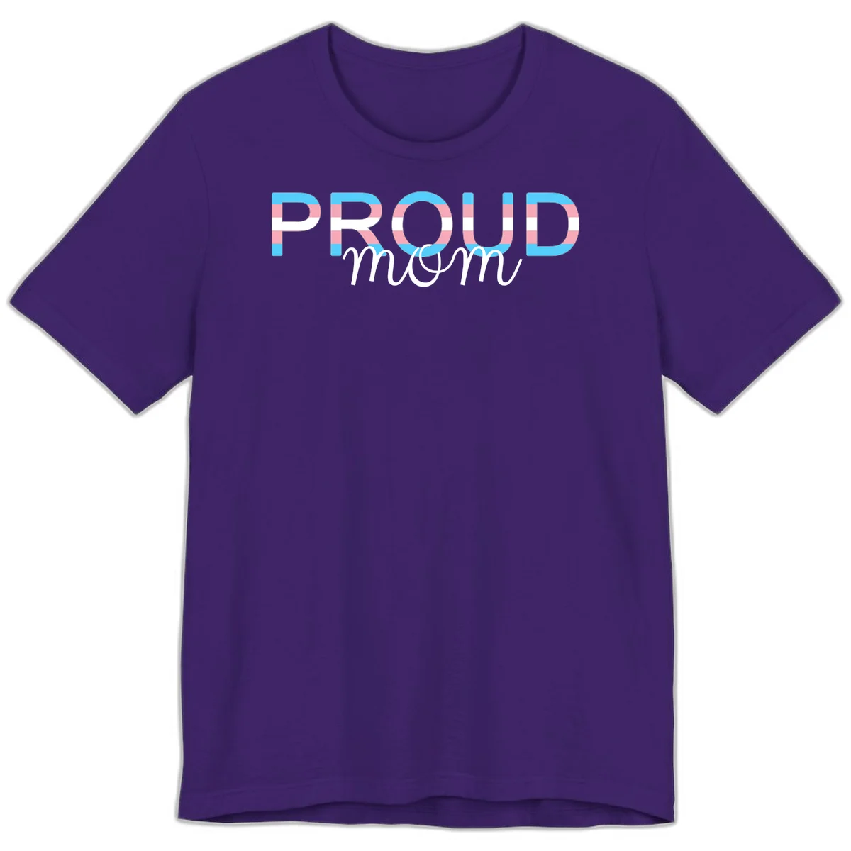 Proud mom pride design with bold striped rainbow letters in cyan, pink, and white on gray background in Team Purple