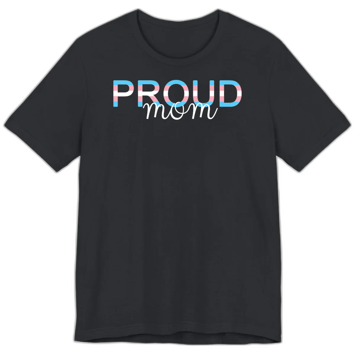 Proud mom pride design with bold striped rainbow letters in cyan, pink, and white on gray background in Vintage Black