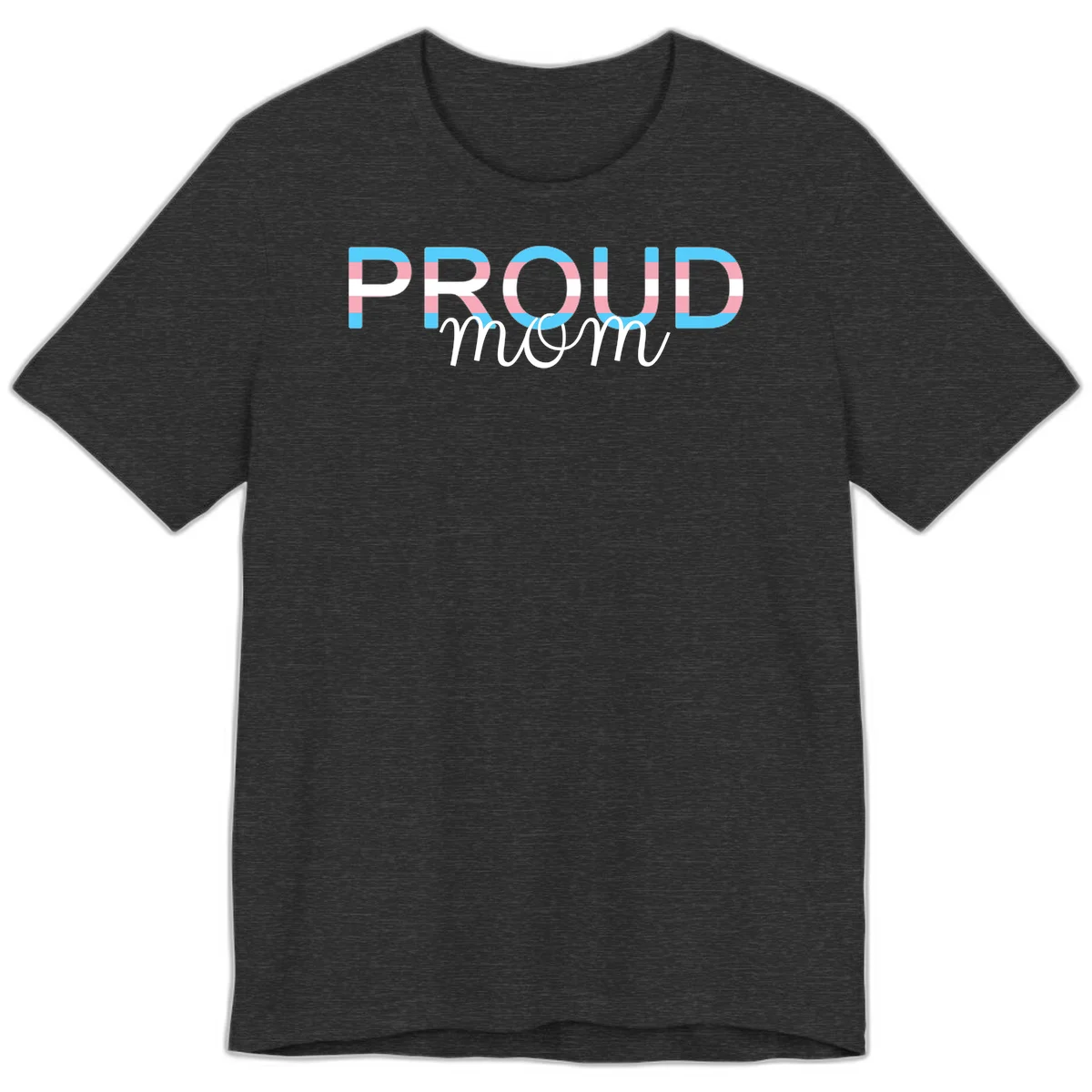 Proud mom pride design with bold striped rainbow letters in cyan, pink, and white on gray background in Dark Grey Heather