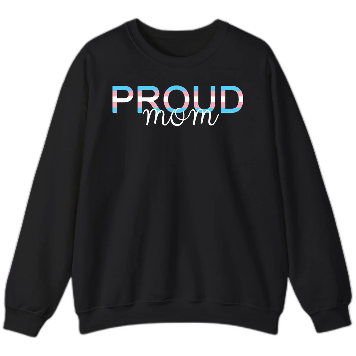 Proud mom pride design with bold striped rainbow letters in cyan, pink, and white on gray background in Black