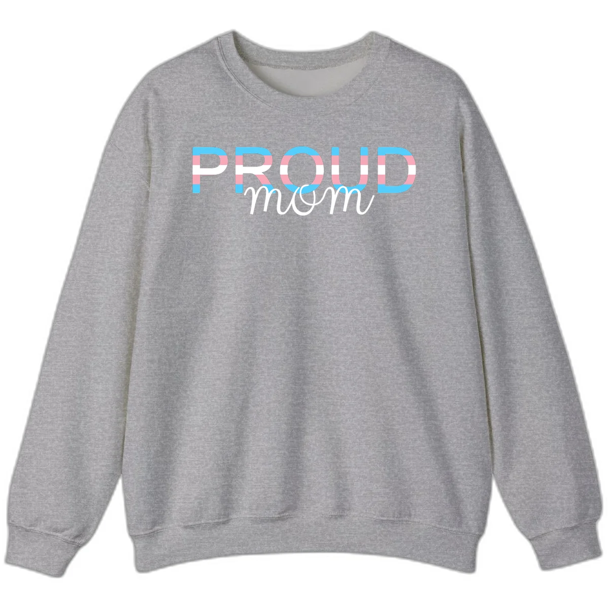Proud mom pride design with bold striped rainbow letters in cyan, pink, and white on gray background in Sport Grey