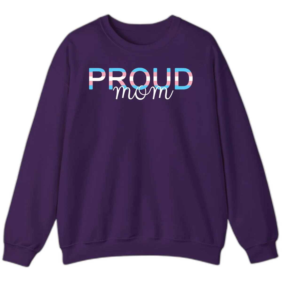 Proud mom pride design with bold striped rainbow letters in cyan, pink, and white on gray background in Purple