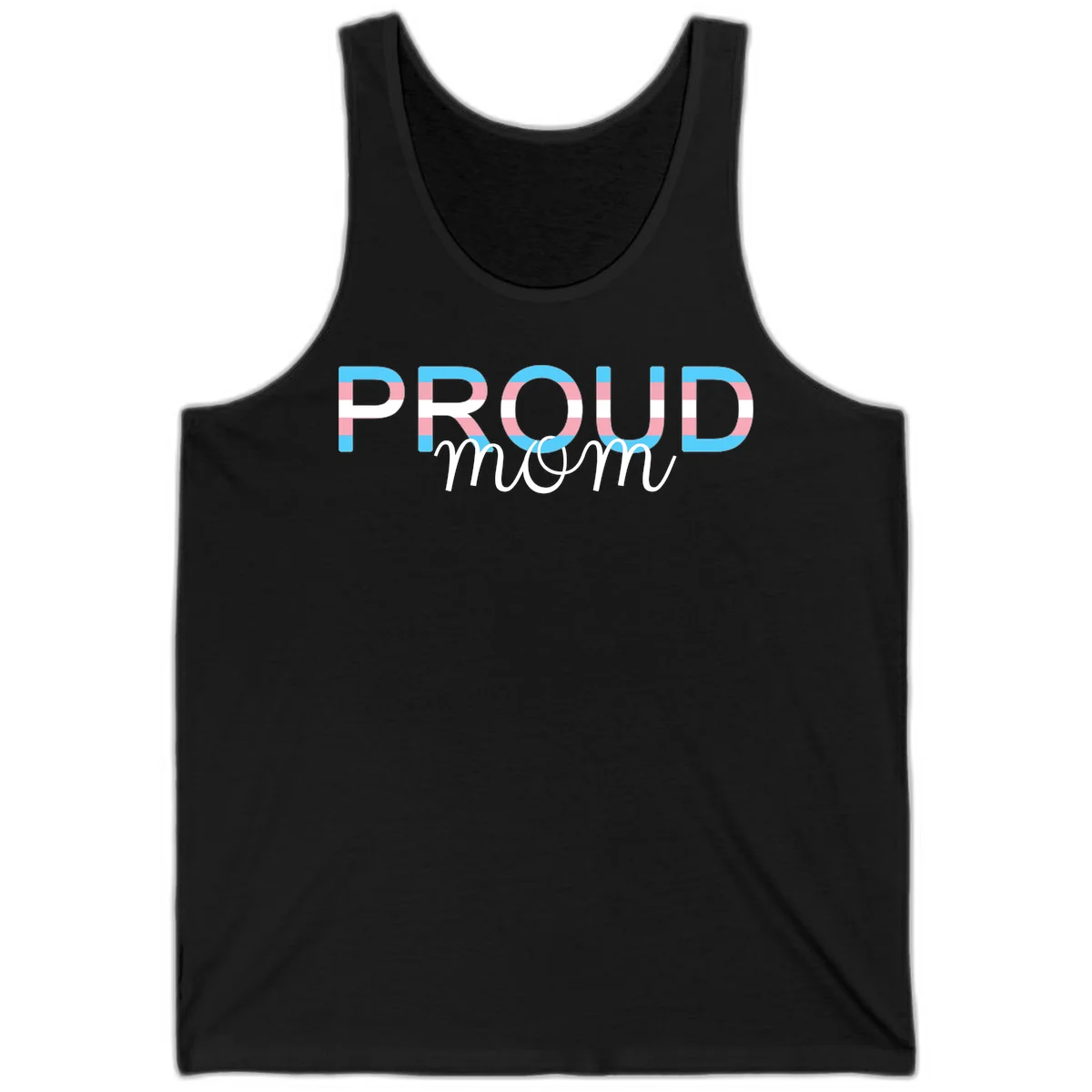 Proud mom pride design with bold striped rainbow letters in cyan, pink, and white on gray background in Black