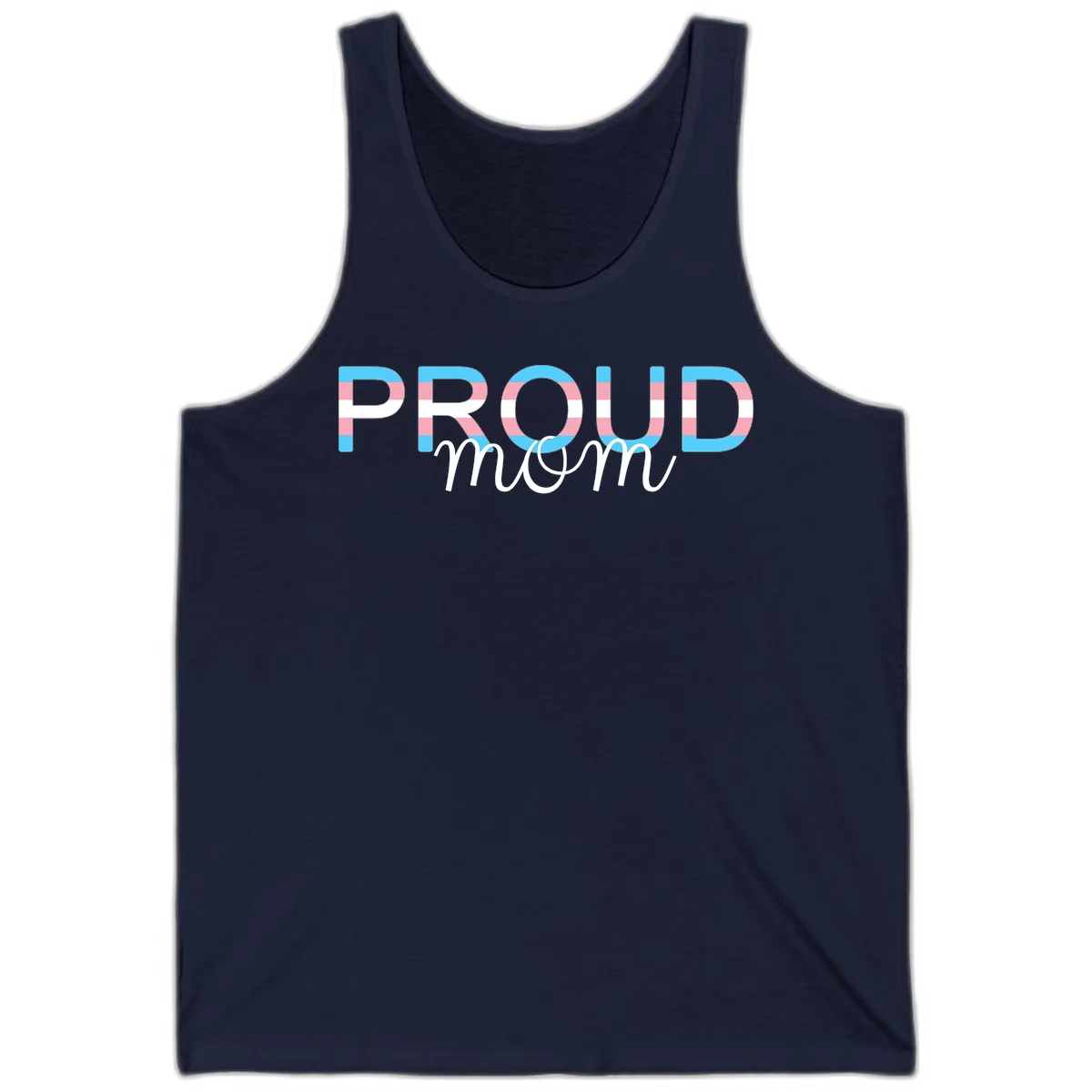 Proud mom pride design with bold striped rainbow letters in cyan, pink, and white on gray background in Navy