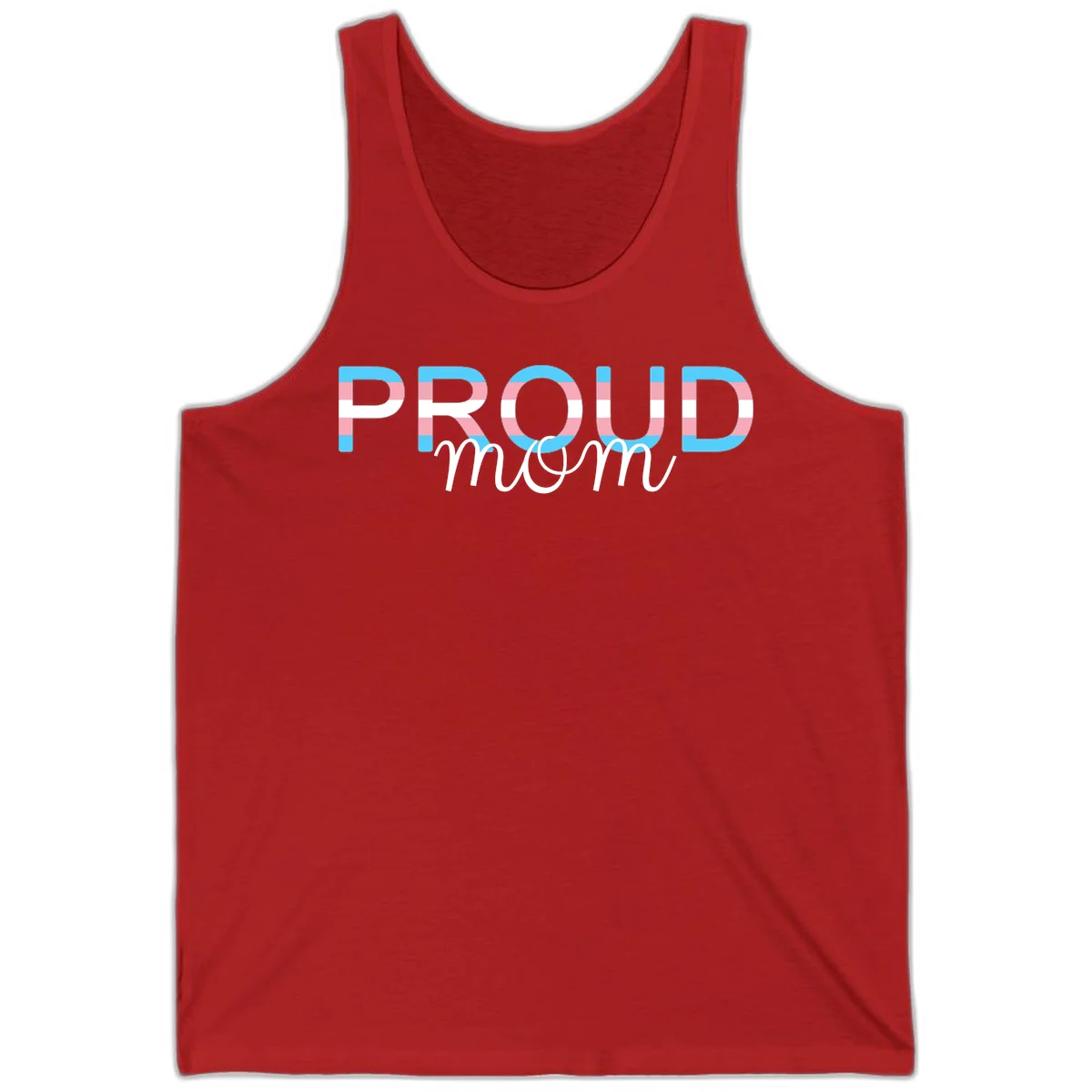 Proud mom pride design with bold striped rainbow letters in cyan, pink, and white on gray background in Red